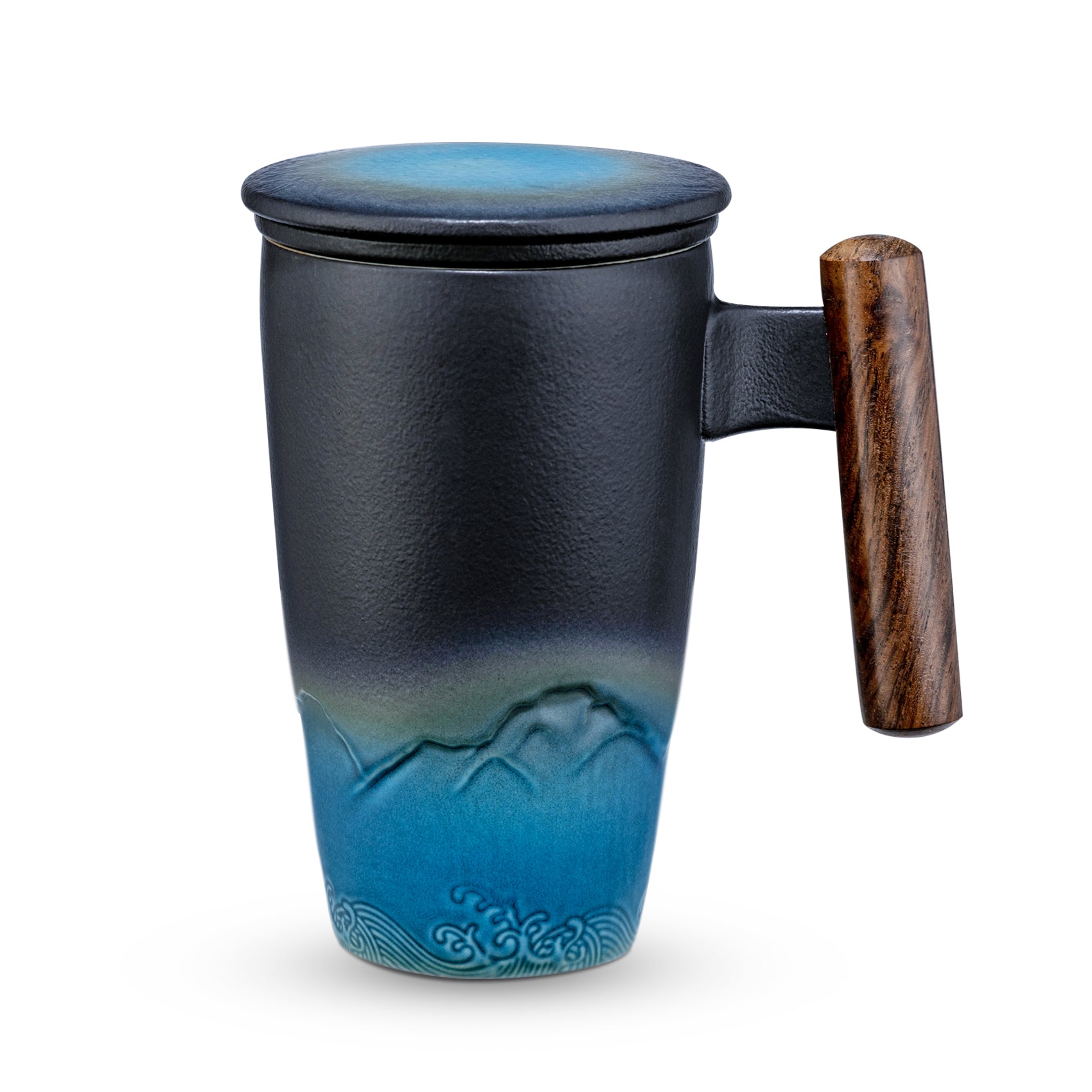 SUMETAS Ceramic Tea Cup with Infuser and Lid Tea Mugs Wooden Handle 13.5oz (Cyan)