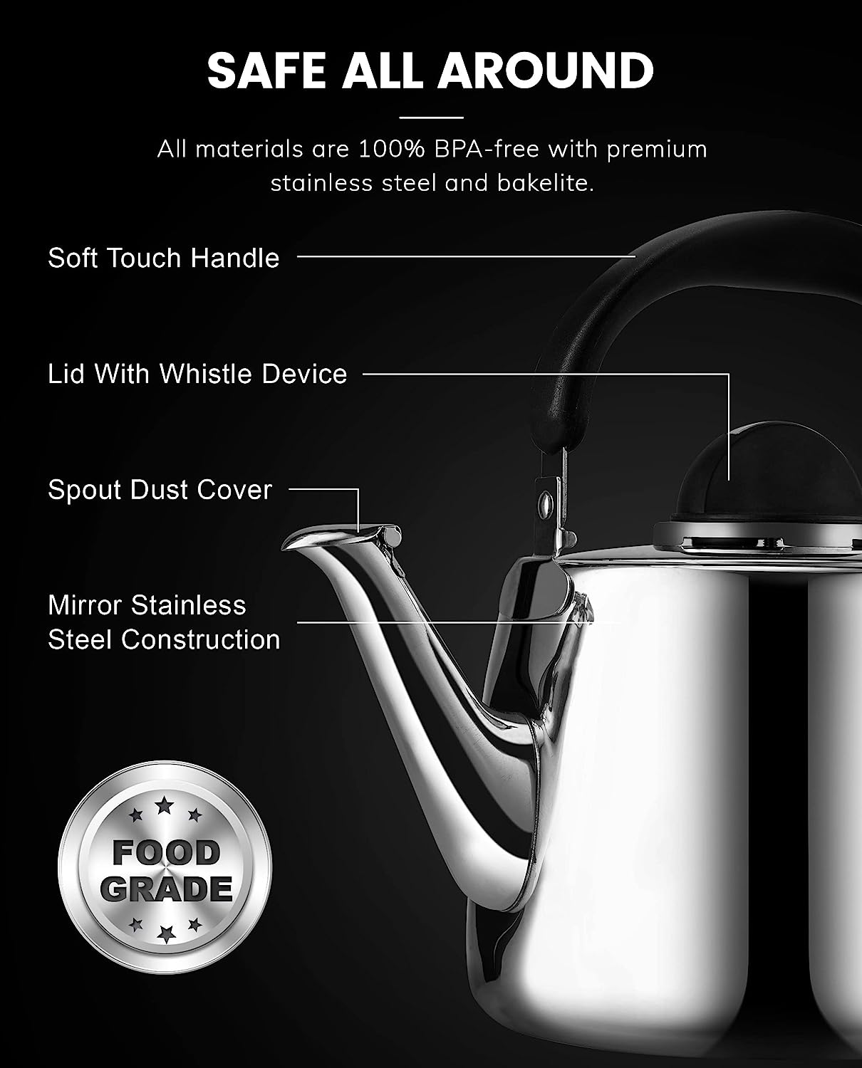 Tea Kettle - 2.5QT Whistling Tea Pots for Stove Top - Food Grade Stainless Steel Teapot -Cool Grip Bakelite Handle