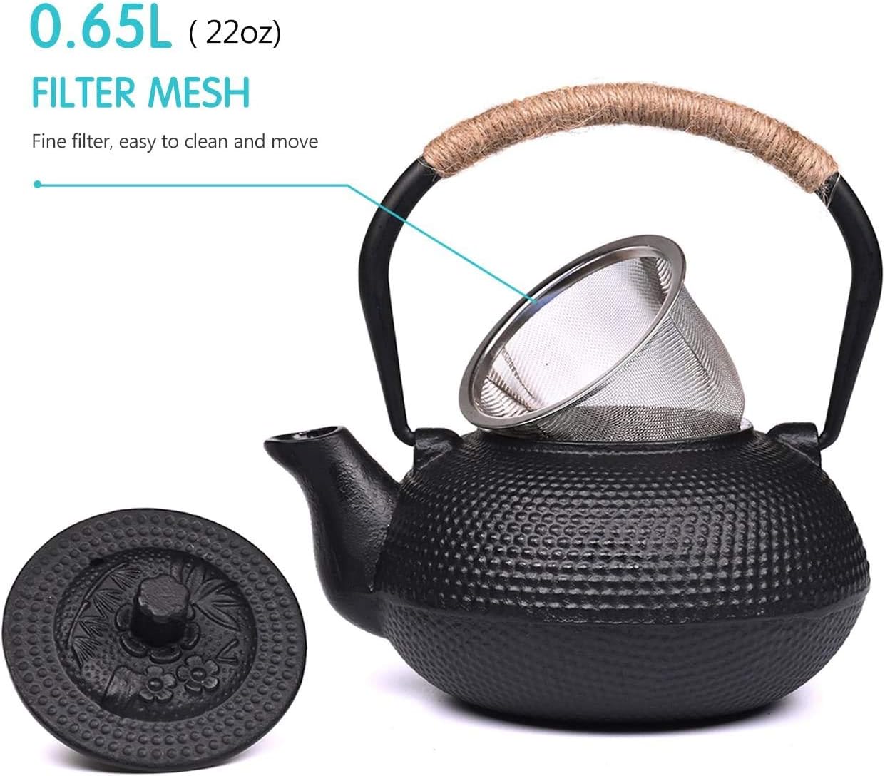 Japanese Cast Iron Teapot with Stainless Steel Infuser, Stovetop Safe - 22oz/650ml Capacity, Enameled Interior