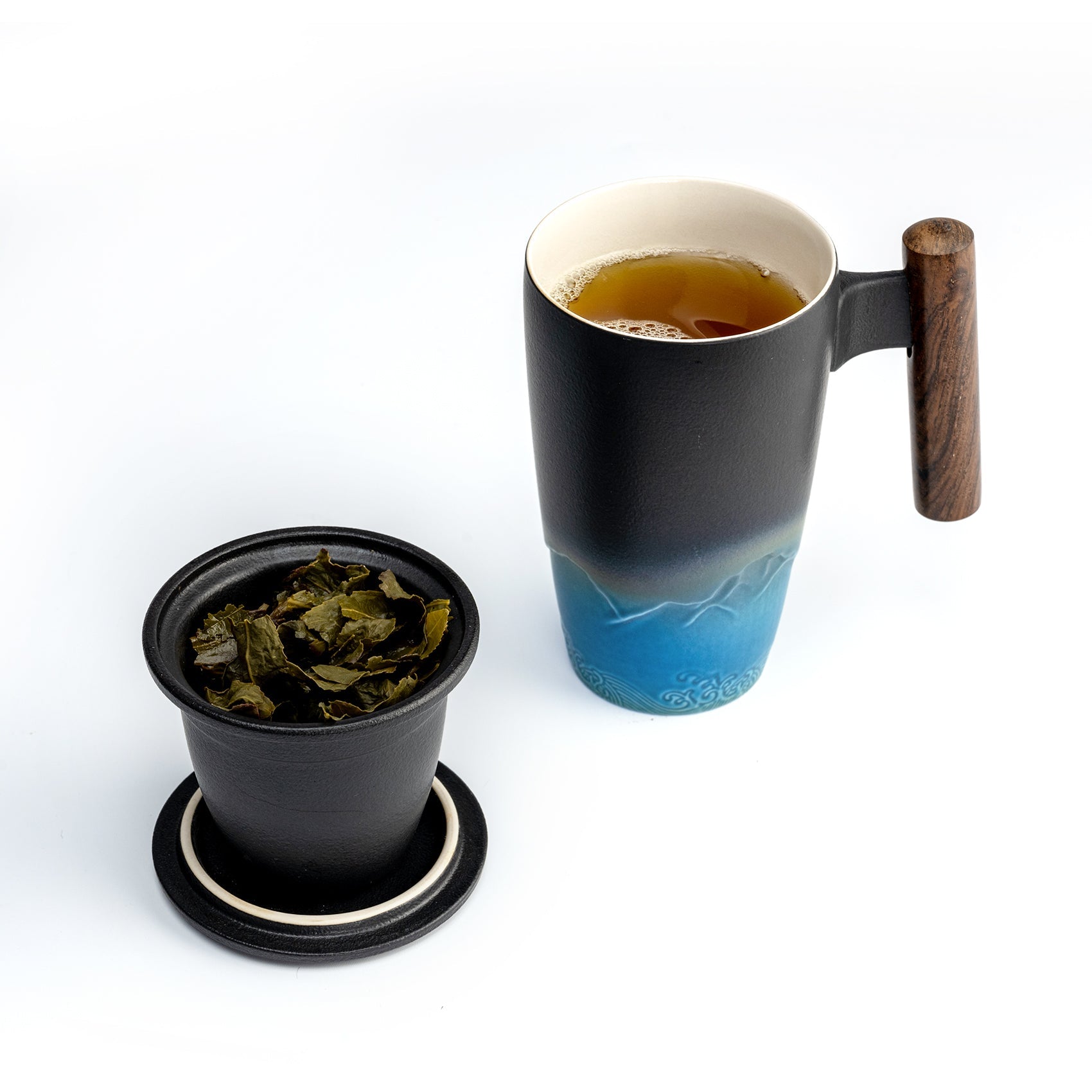 SUMETAS Ceramic Tea Cup with Infuser and Lid Tea Mugs Wooden Handle 13.5oz (Cyan)