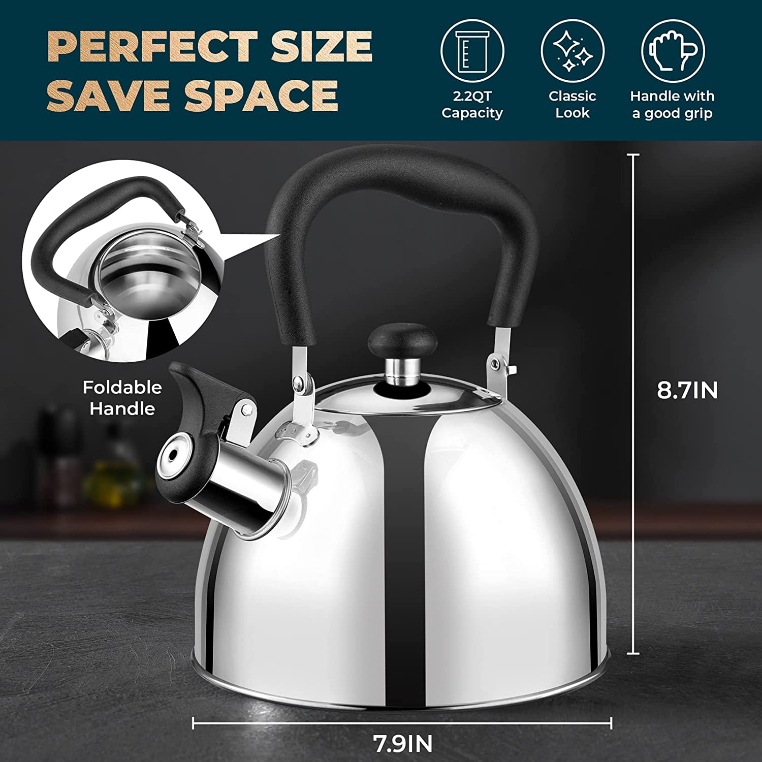 SUMETAS 2.2QT Stainless Steel Whistling Tea Kettle for Stovetop - Universal Base, Cool Grip Handle,