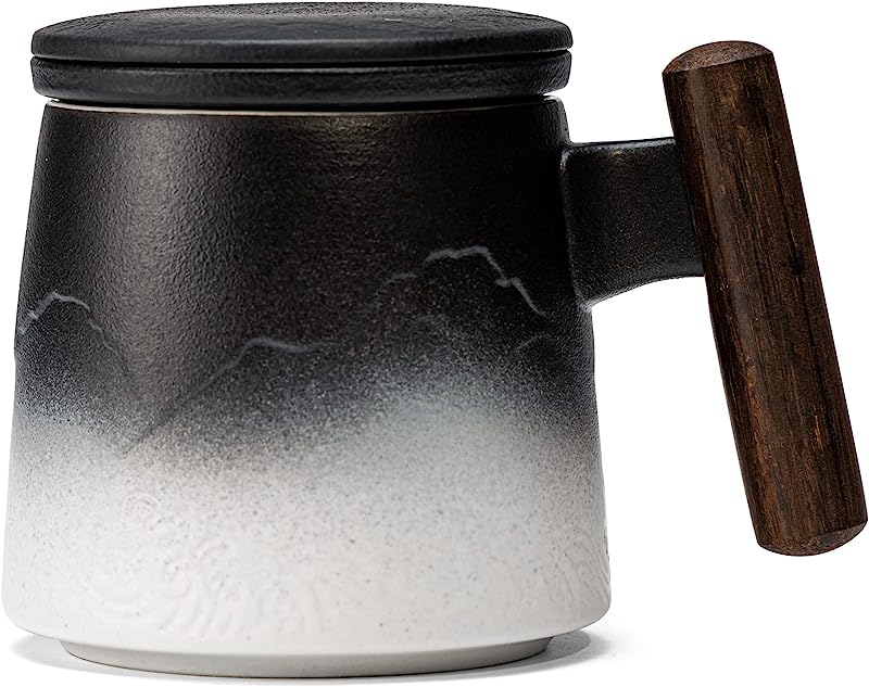 Gradient Black & White Ceramic Tea Cup with Infuser, Lid, and Wooden Handle - 400ml (White))