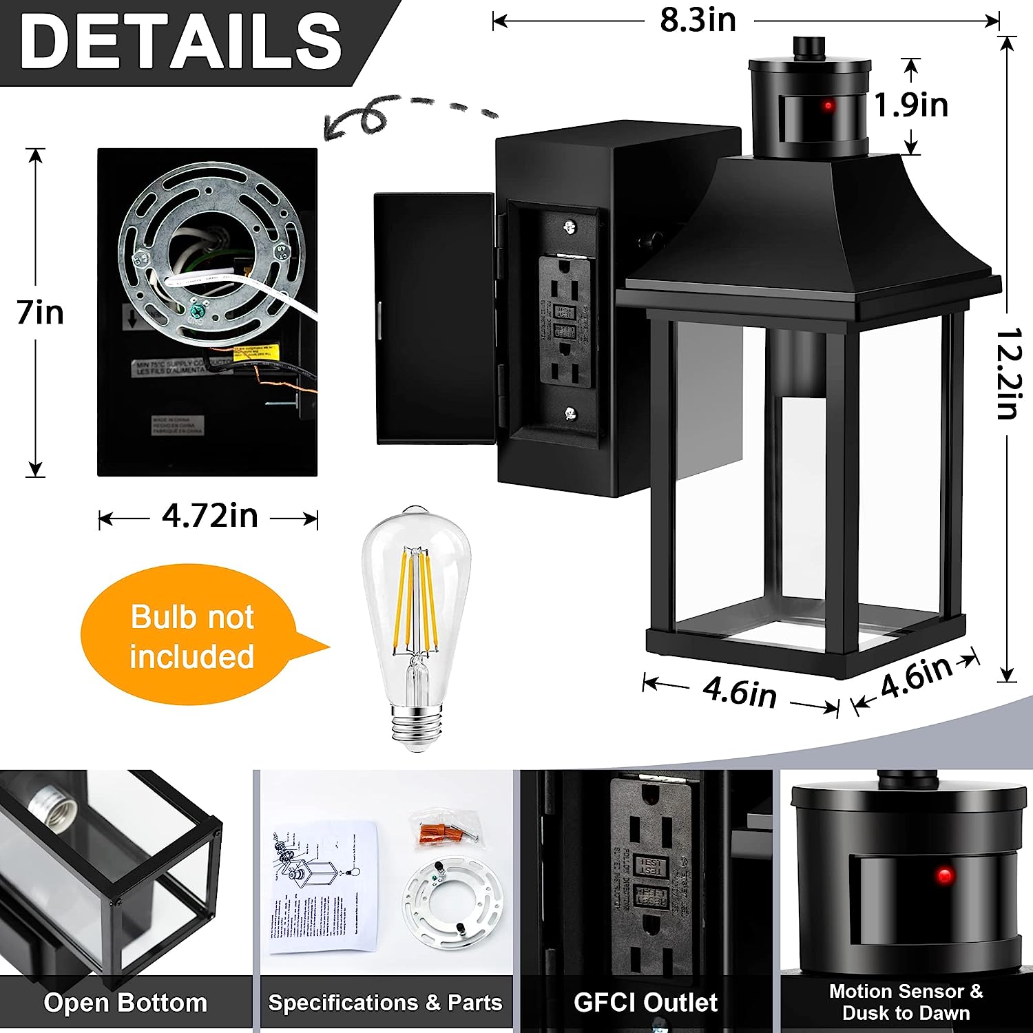 Motion sensor porch lights with GFCI outlet, 3 modes, waterproof (for outdoors)