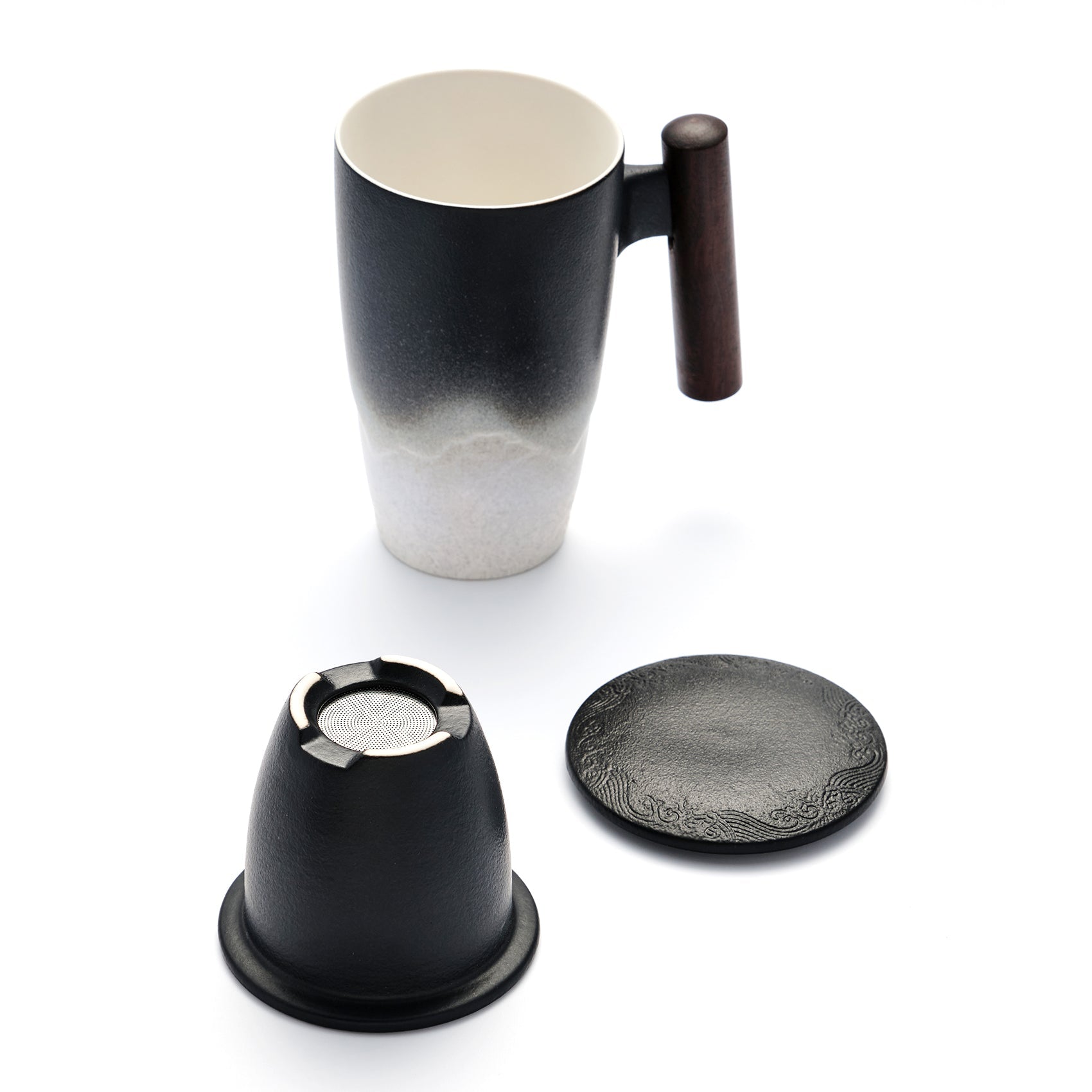 SUMETAS Ceramic Tea Cup with Infuser and Lid Tea Mugs Wooden Handle 13.5oz (Black White)