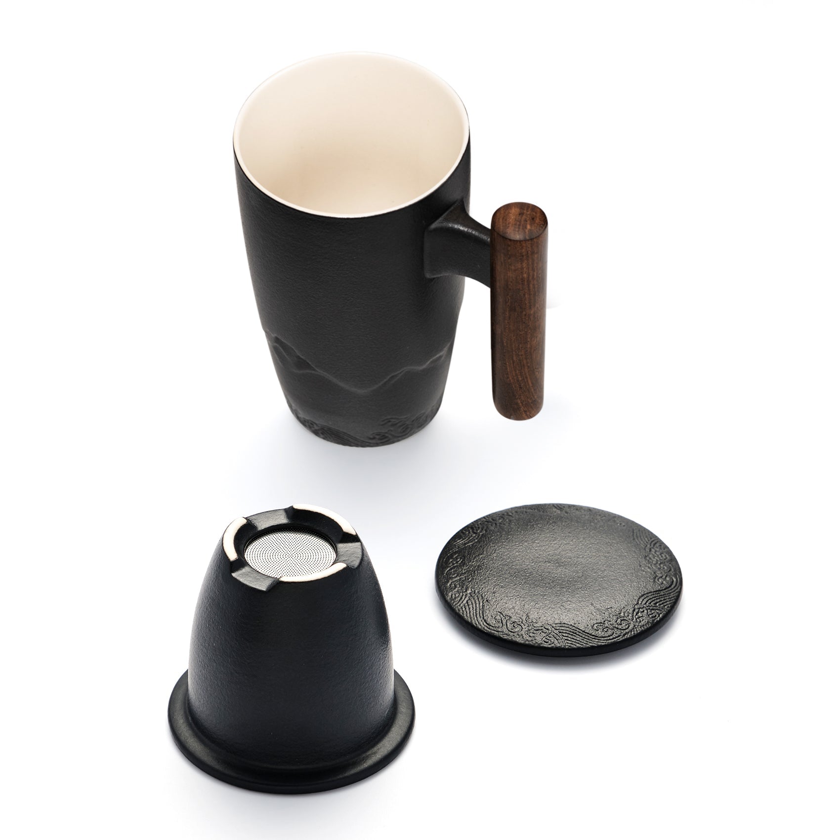 SUMETAS Ceramic Tea Cup with Infuser and Lid Tea Mugs Wooden Handle 13.5oz (Black)