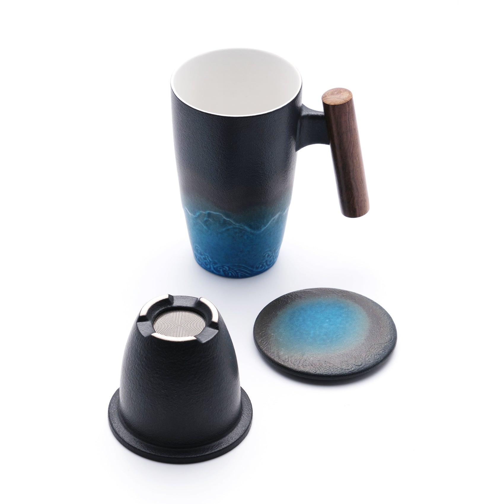 SUMETAS Ceramic Tea Cup with Infuser and Lid Tea Mugs Wooden Handle 13.5oz (Cyan)