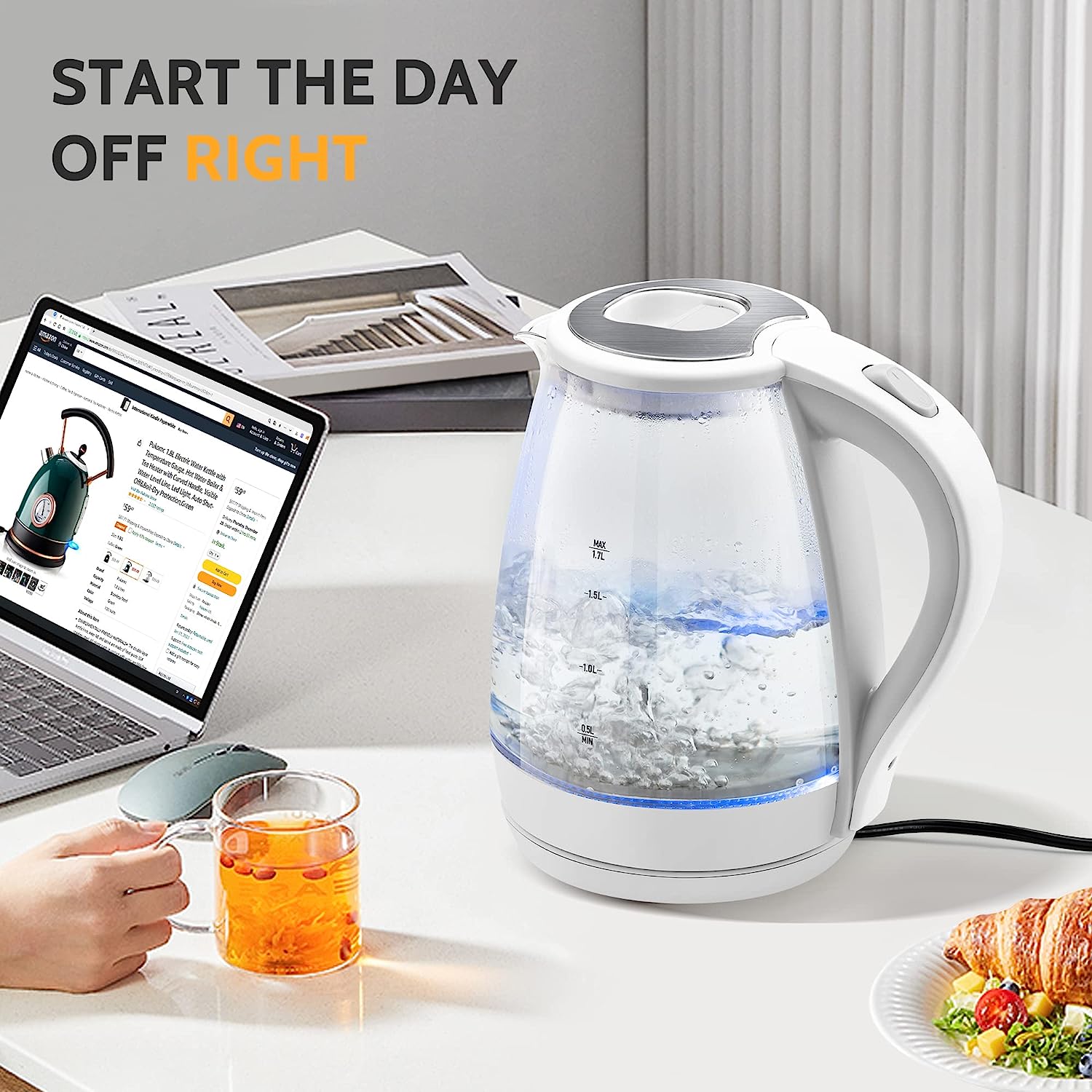 Glass Electric Kettle - 1.7L Capacity with LED Indicator, Auto Shut-Off, and Boil-Dry Protection