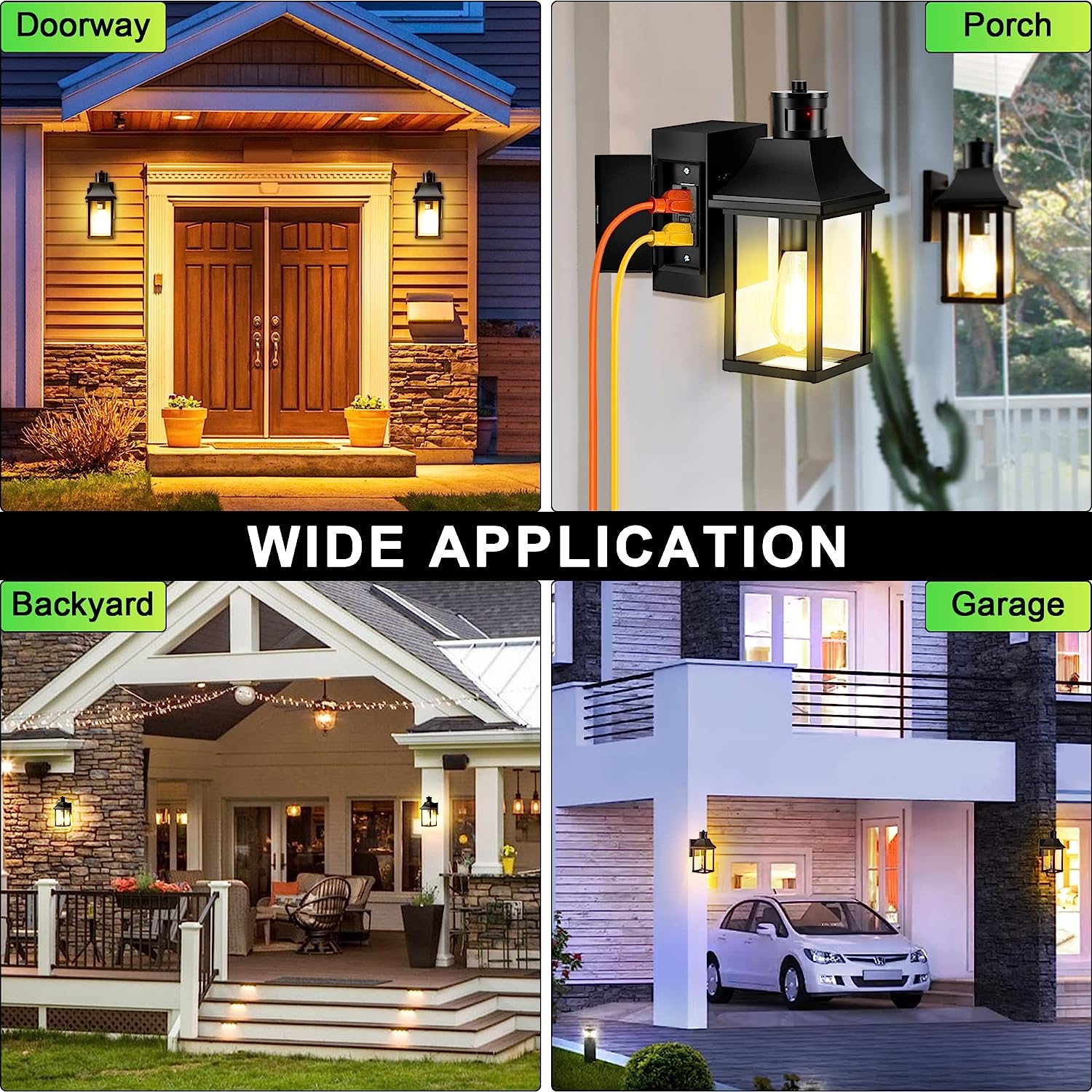 Motion sensor porch lights with GFCI outlet, 3 modes, waterproof (2 pack)