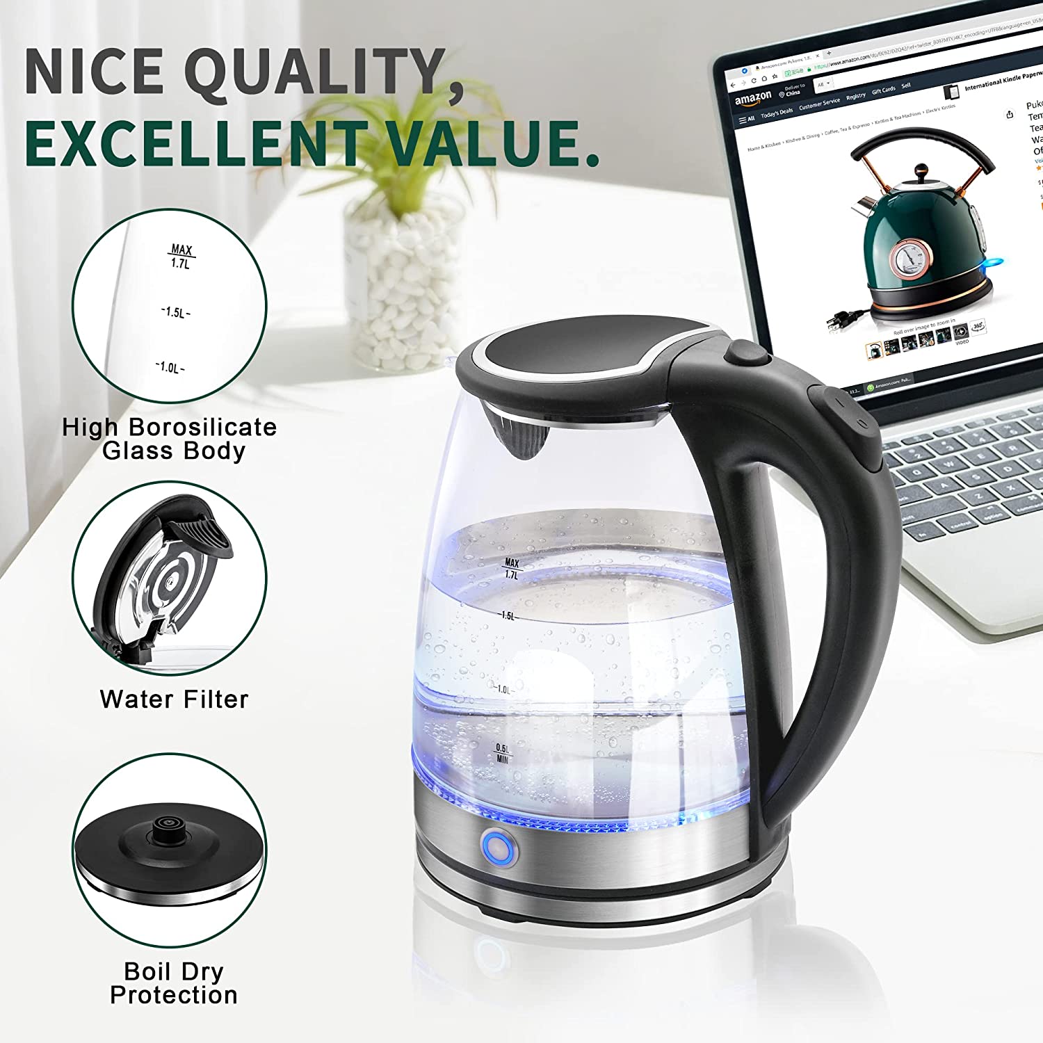 Glass Electric Kettle - 1.7L with Keep Warm, LED Indicator, Auto Shut-Off, and Boil-Dry Protection