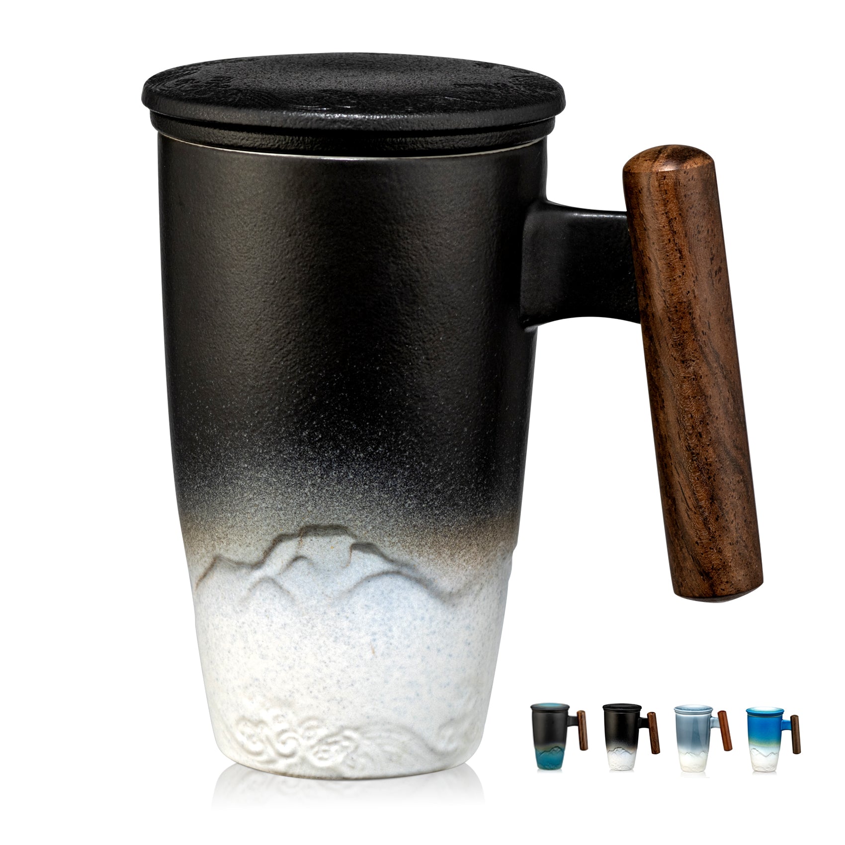 SUMETAS Ceramic Tea Cup with Infuser and Lid Tea Mugs Wooden Handle 13.5oz (Cyan)