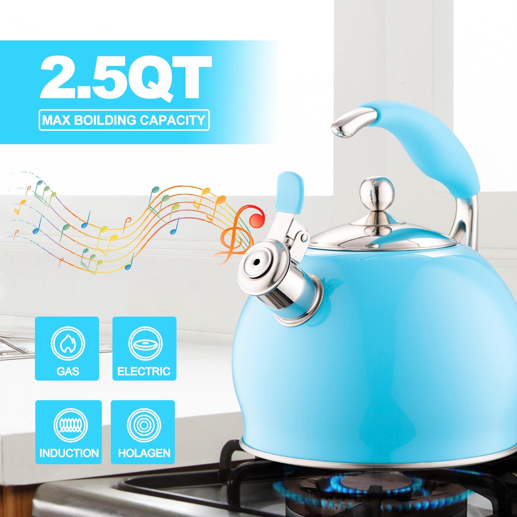 Modern Stainless Steel Whistling Teapot-Stove Top Teapot（Blue）