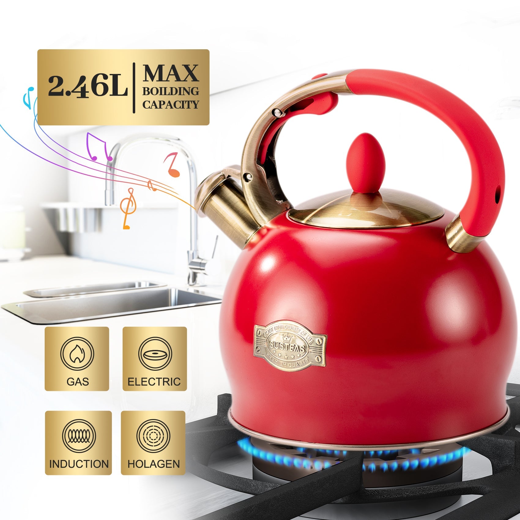 Modern Stainless Steel Surgical Whistling Teapot-Stove Top Teapot （Red）