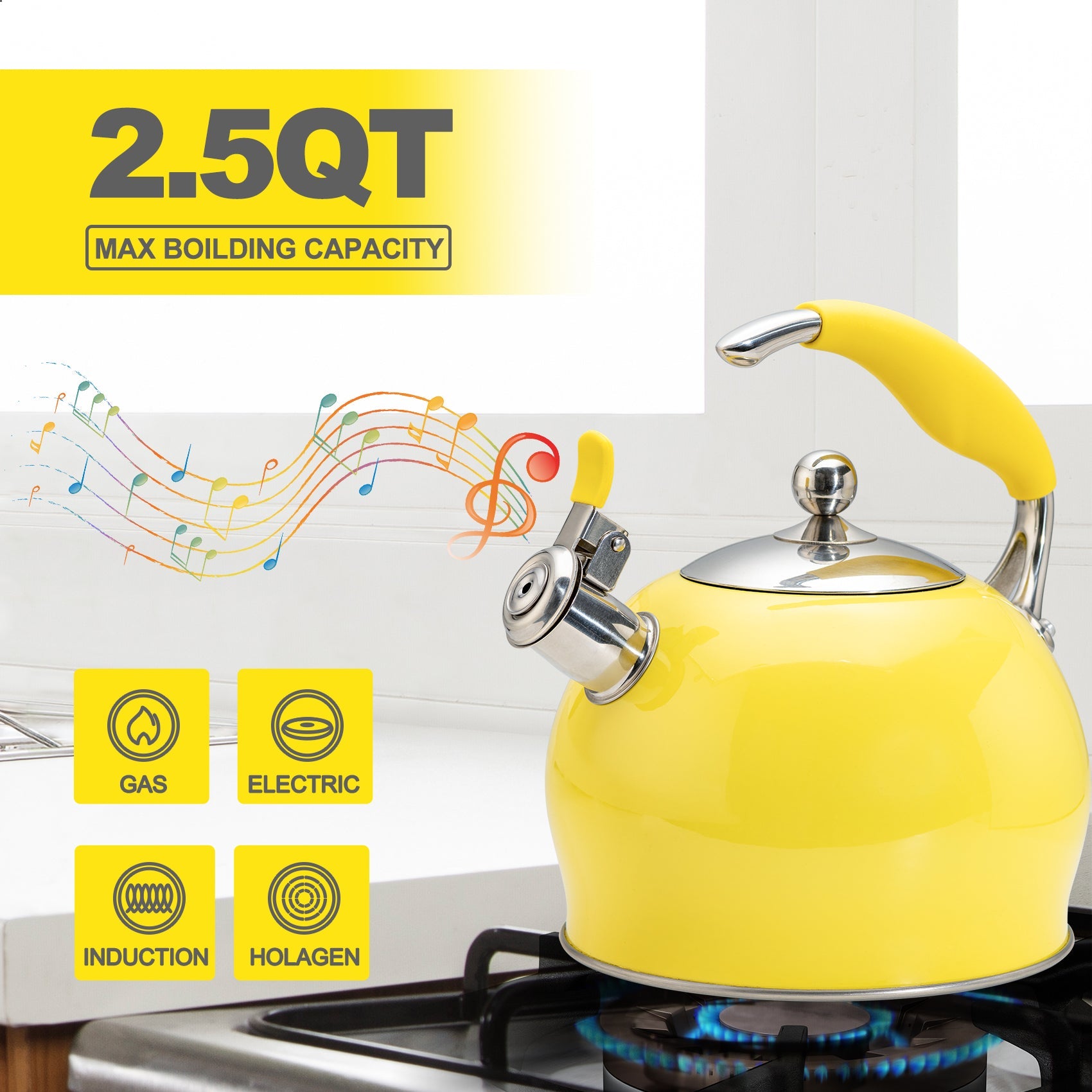 Modern Stainless Steel Whistling Teapot-Stove Top Teapot（Yellow）