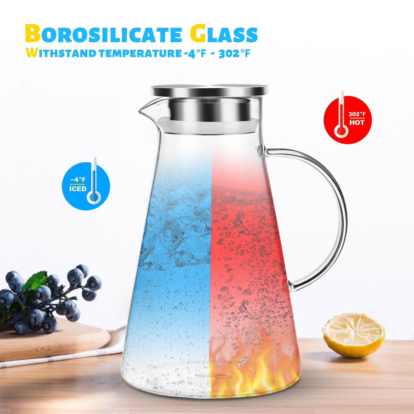 2 Liters 68oz Glass Pitcher With Lid