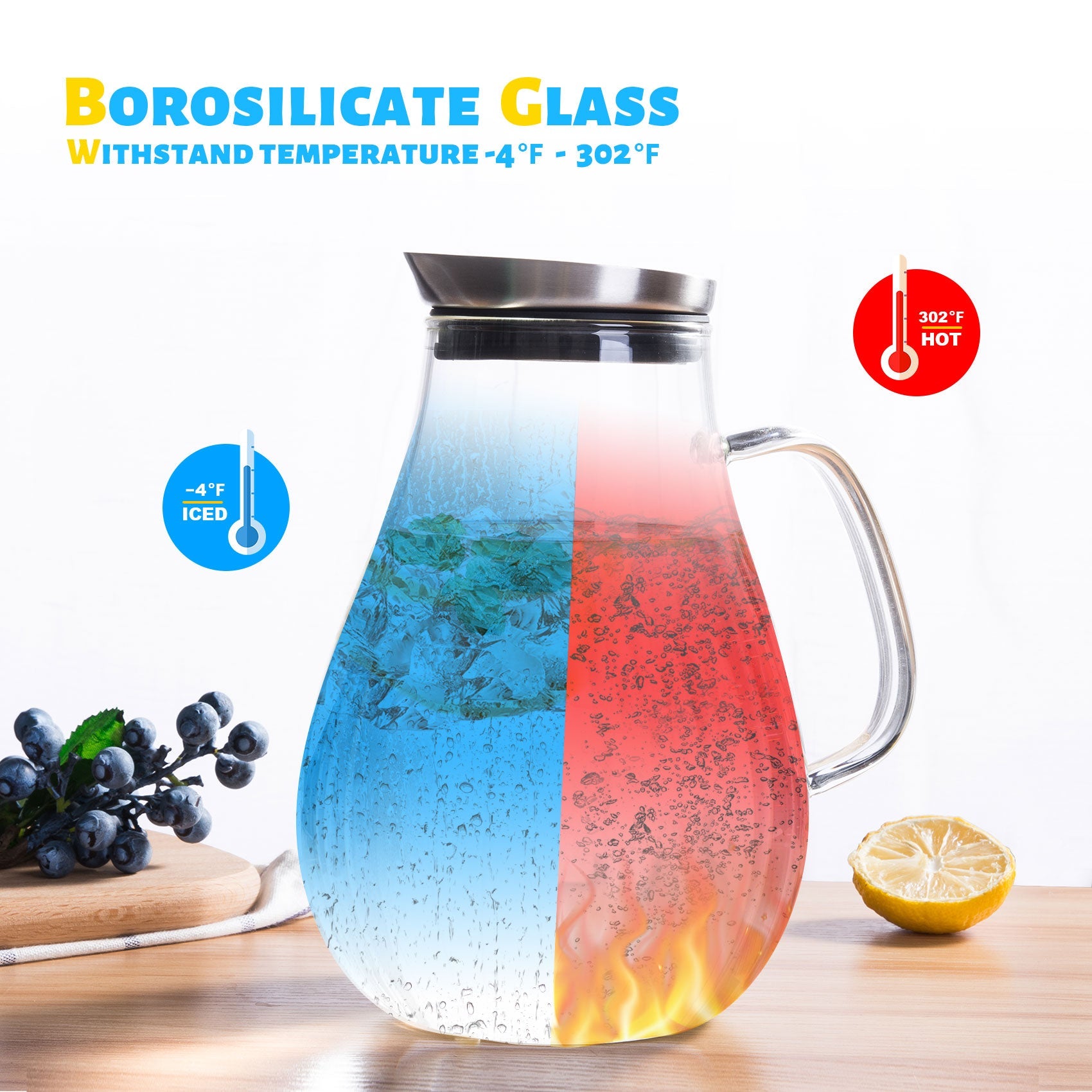 Glass Pitcher, Refrigerator Juice Kettle, Cold/Hot Drink Bottle, Iced Tea (2L)