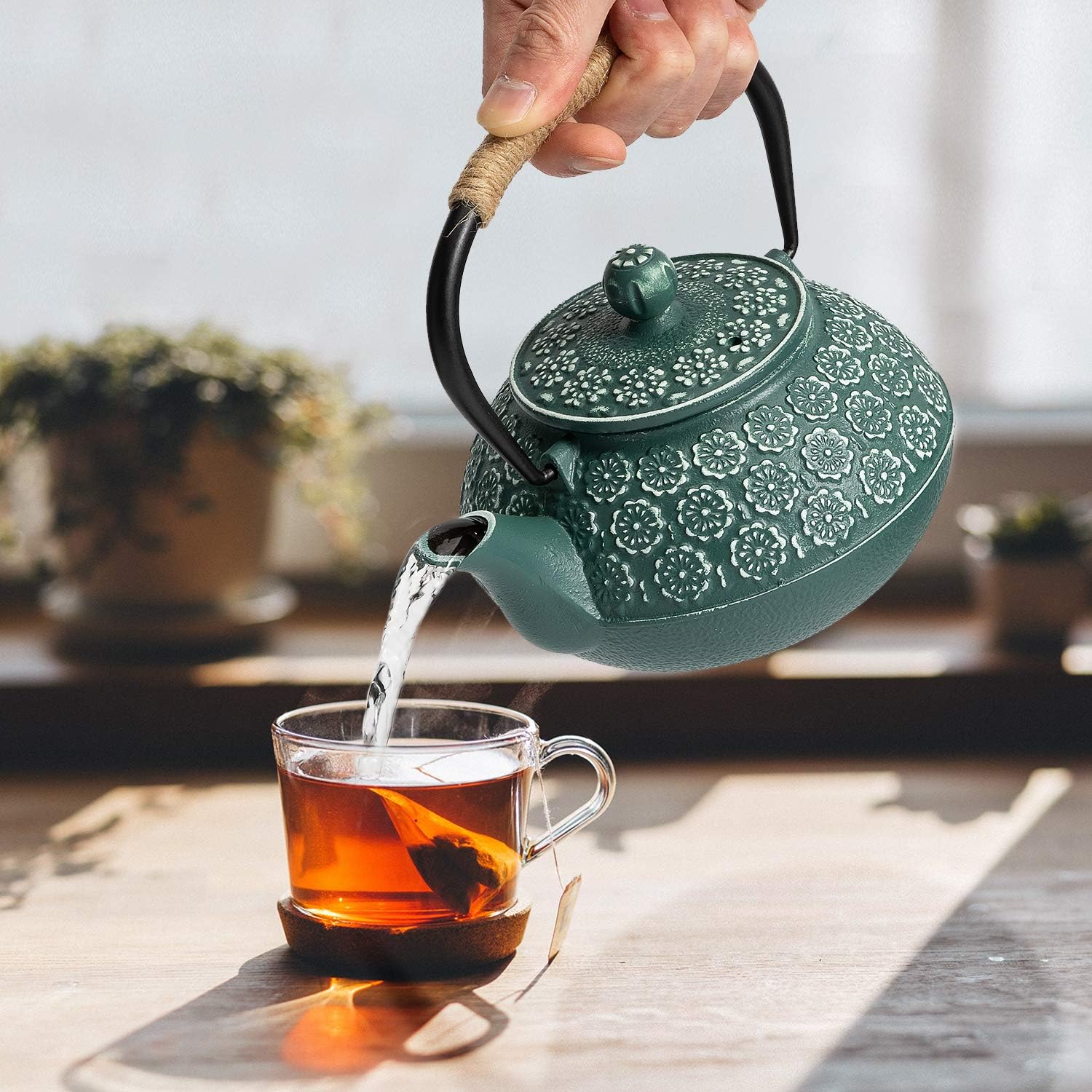 Japanese Cast Iron Teapot with Infuser - 30oz/900ml Capacity, Enameled Interior, Dark Green Color, Stove Top Safe