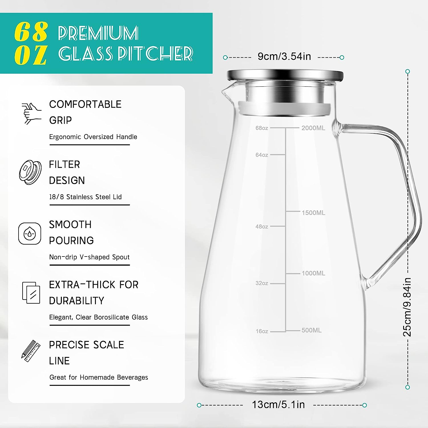 SUMETAS Glass Pitcher: Heat Resistant with Precise Scale