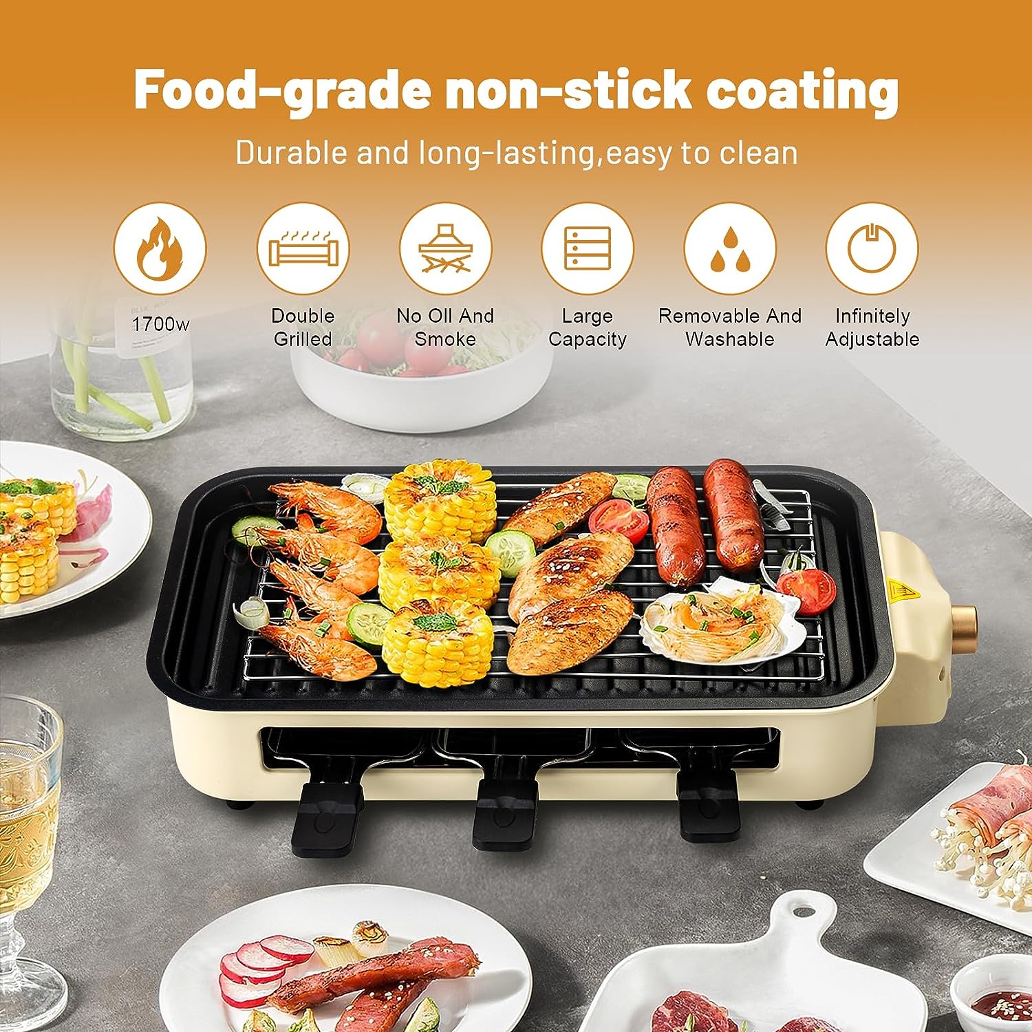 Removable Temperature Control Electric Griddle: Raclette Table Grill, 1500W, 3 Paddles & Spatulas.