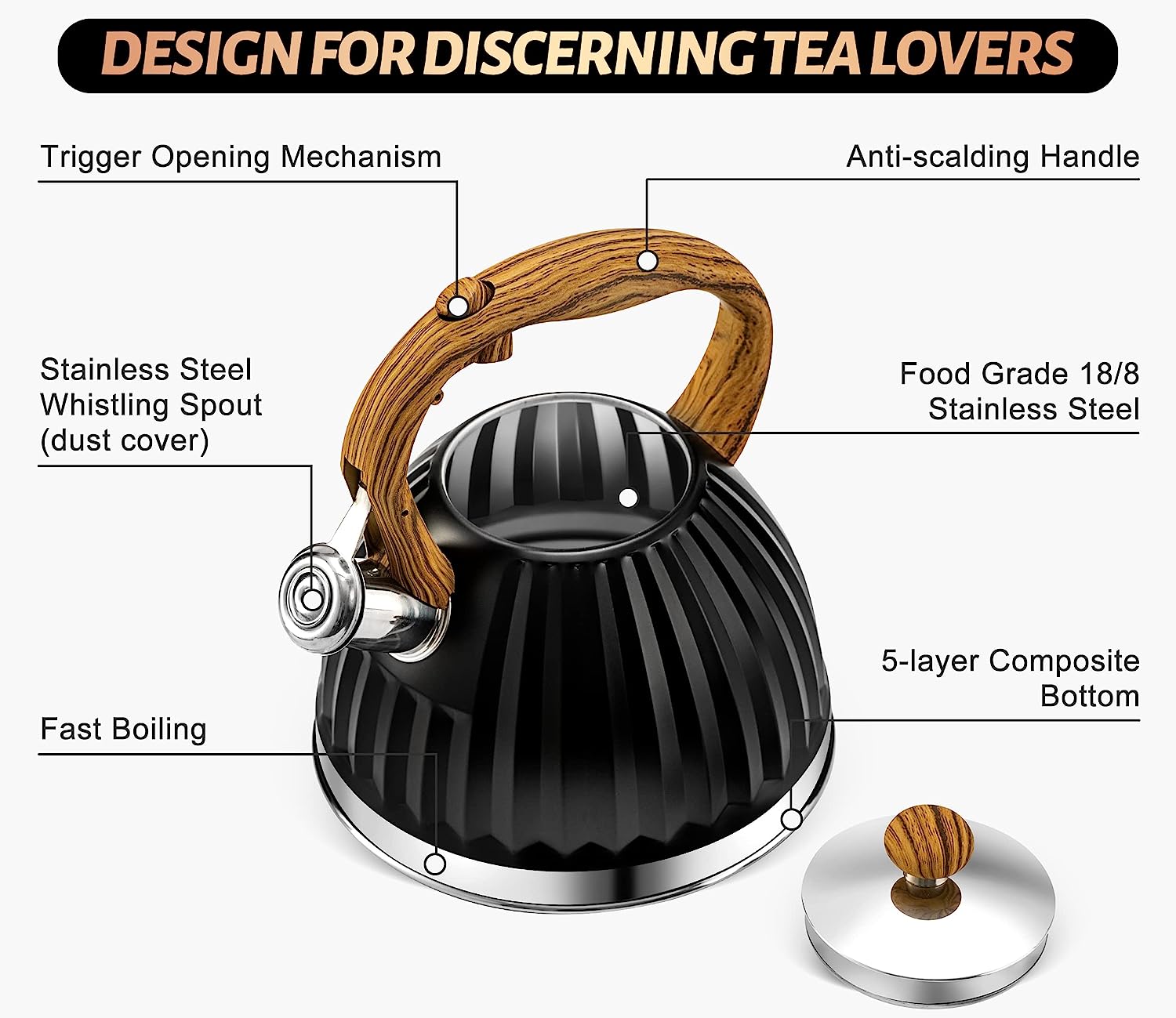 Tea Kettle -2.8QT Whistling Kettle Stovetop - Stainless Steel Teapot for Stove Top with Heat Proof Ergonomic Handle, 1 Free Silicone Mat Included (Black)