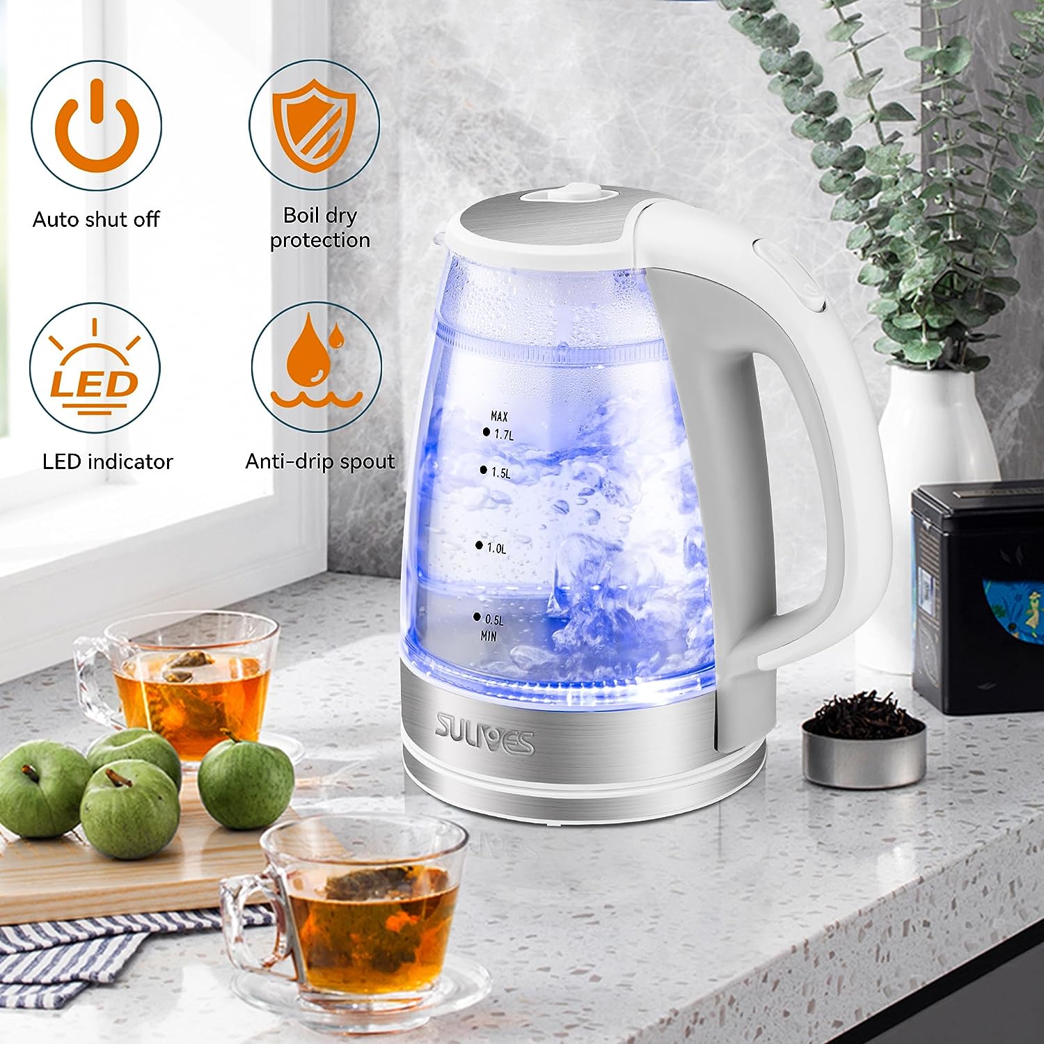 Double Wall Electric Kettle, 1.7L Capacity, 1200W, Auto Shut-Off, Borosilicate Glass