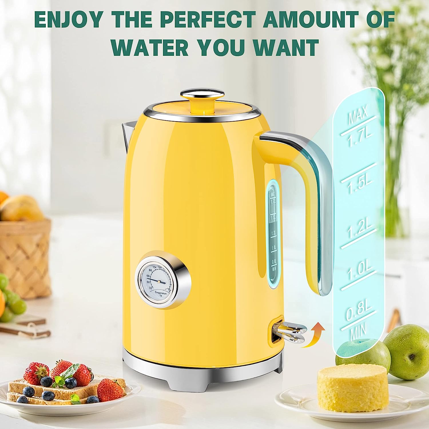 SUMETAS Retro Yellow Electric Kettle with Thermometer and Safety Features, 1500W Fast Heating