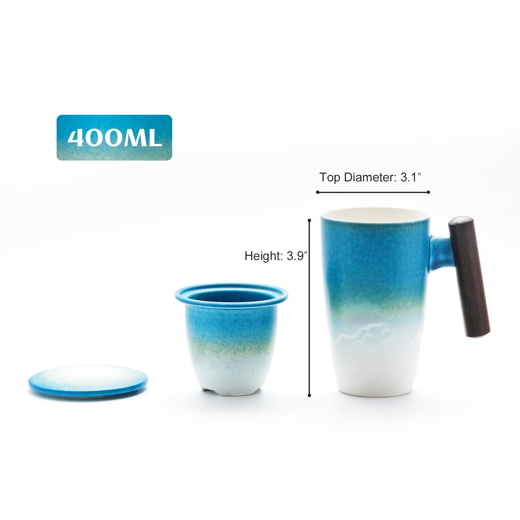 SUMETAS Ceramic Tea Cup with Infuser and Lid Tea Mugs Wooden Handle 13.5oz (Cyan Blue)