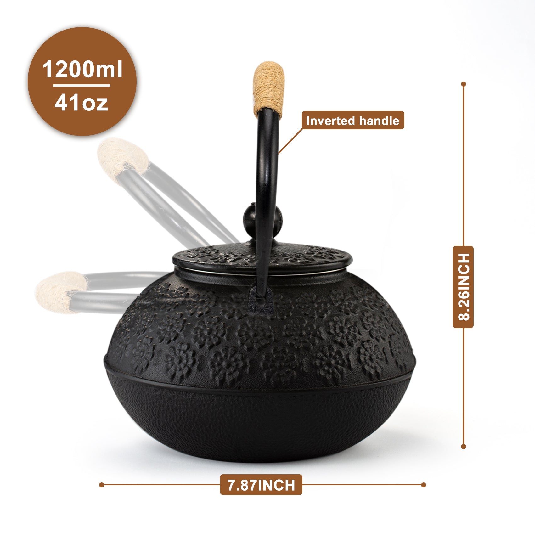 Cast Iron Teapot Tetsubin Tea Kettle (1200ML, Black)