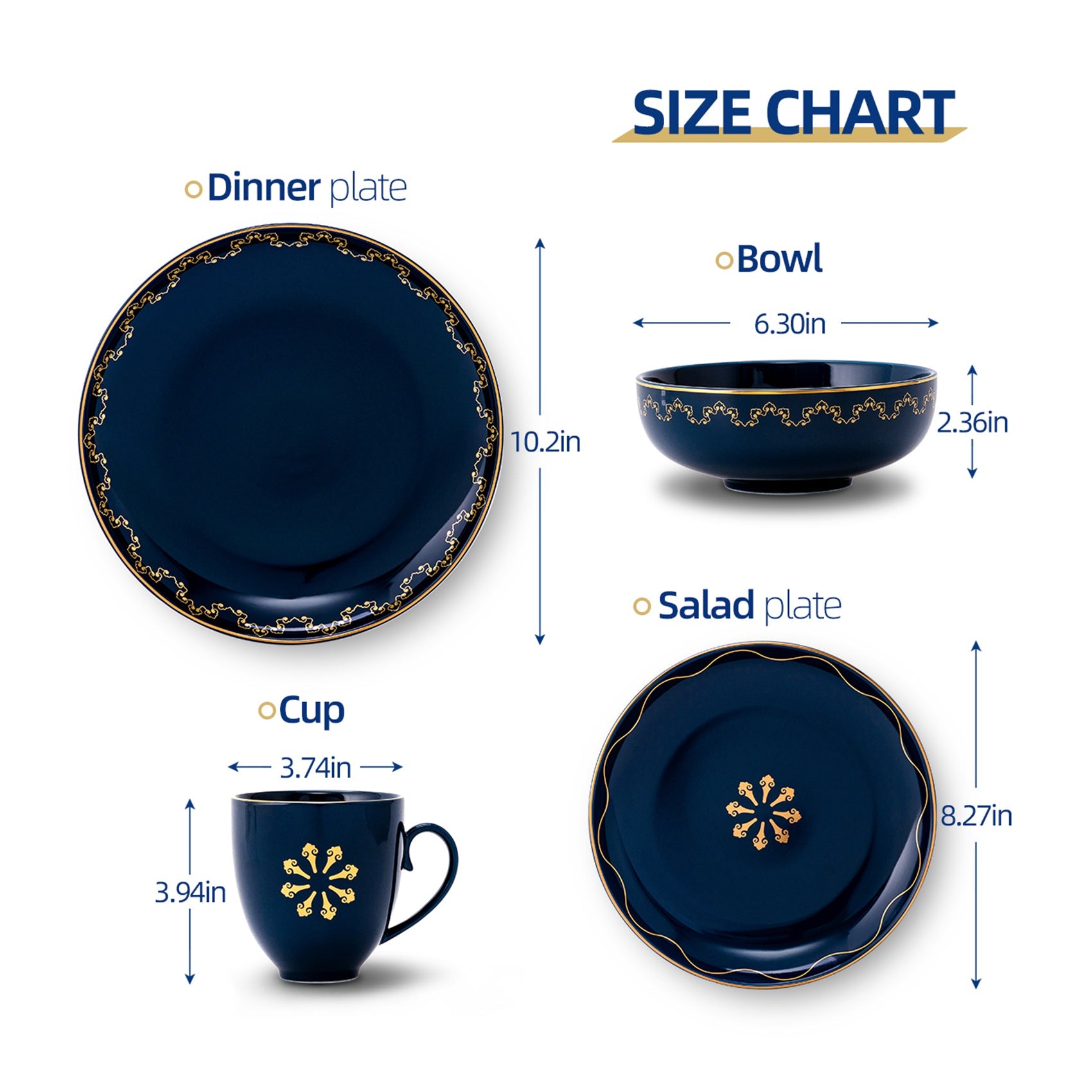 Dinnerware Set Durable Ceramic Dinner Plate Sets, Plates, Bowls, Mugs, 4 Piece （Blue)