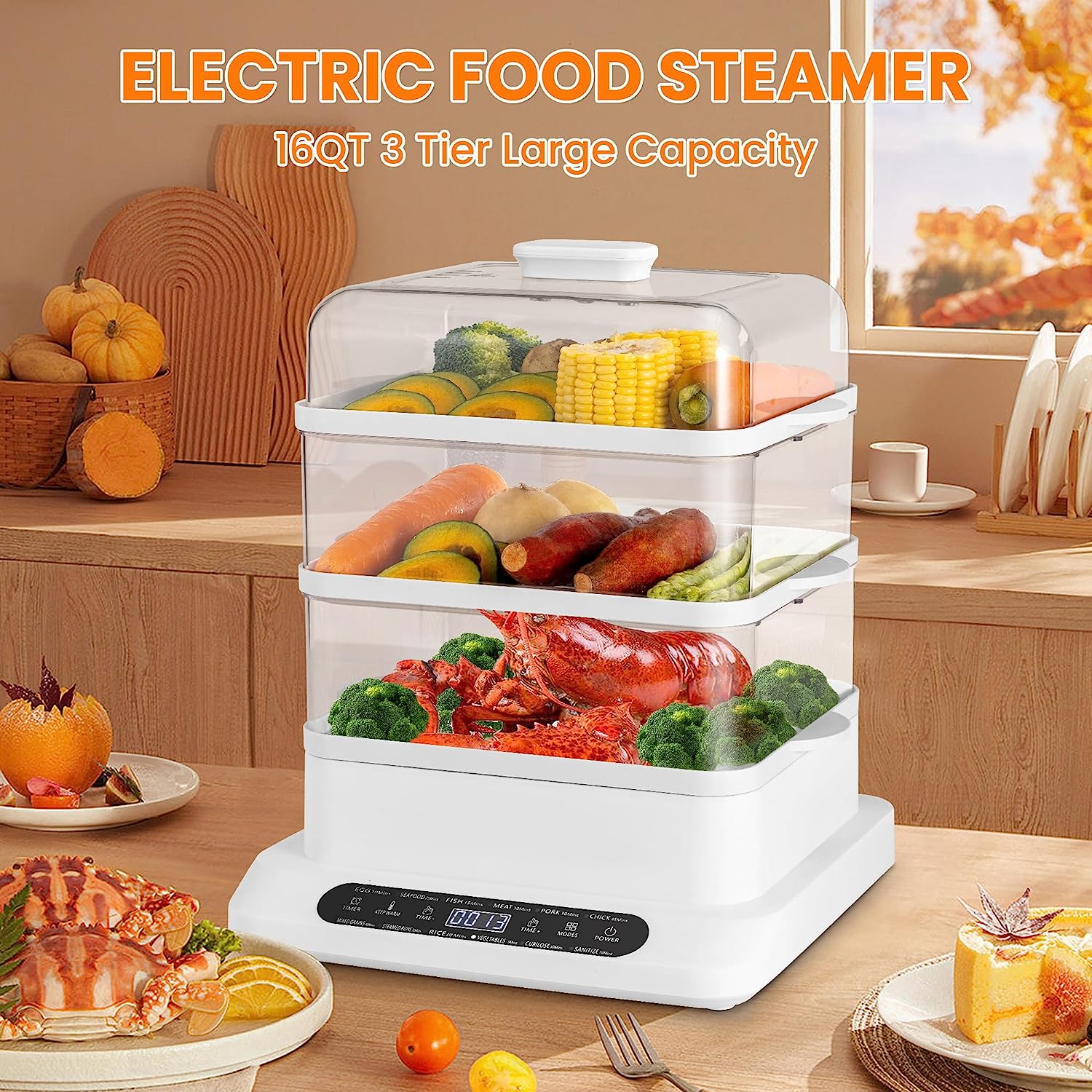 16QT Electric Food Steamer - 3 Tiers, Digital Timer, Multifunctional Steamer (800W)