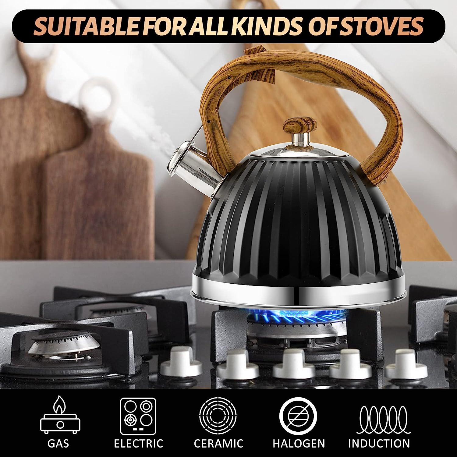 Tea Kettle -2.8QT Whistling Kettle Stovetop - Stainless Steel Teapot for Stove Top with Heat Proof Ergonomic Handle, 1 Free Silicone Mat Included (Black)