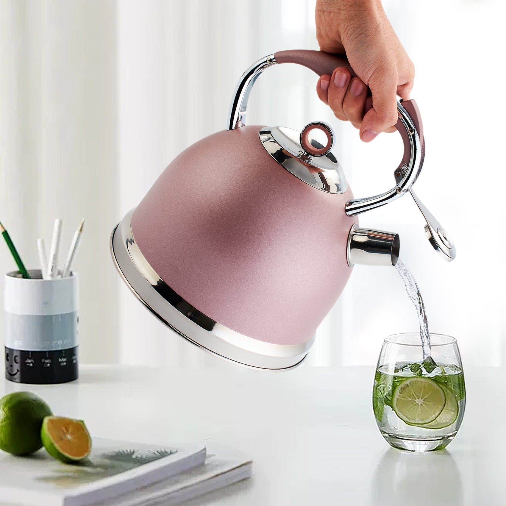 3 Liters Modern Stainless Steel Whistle Kettle-Swan Kettle Rose