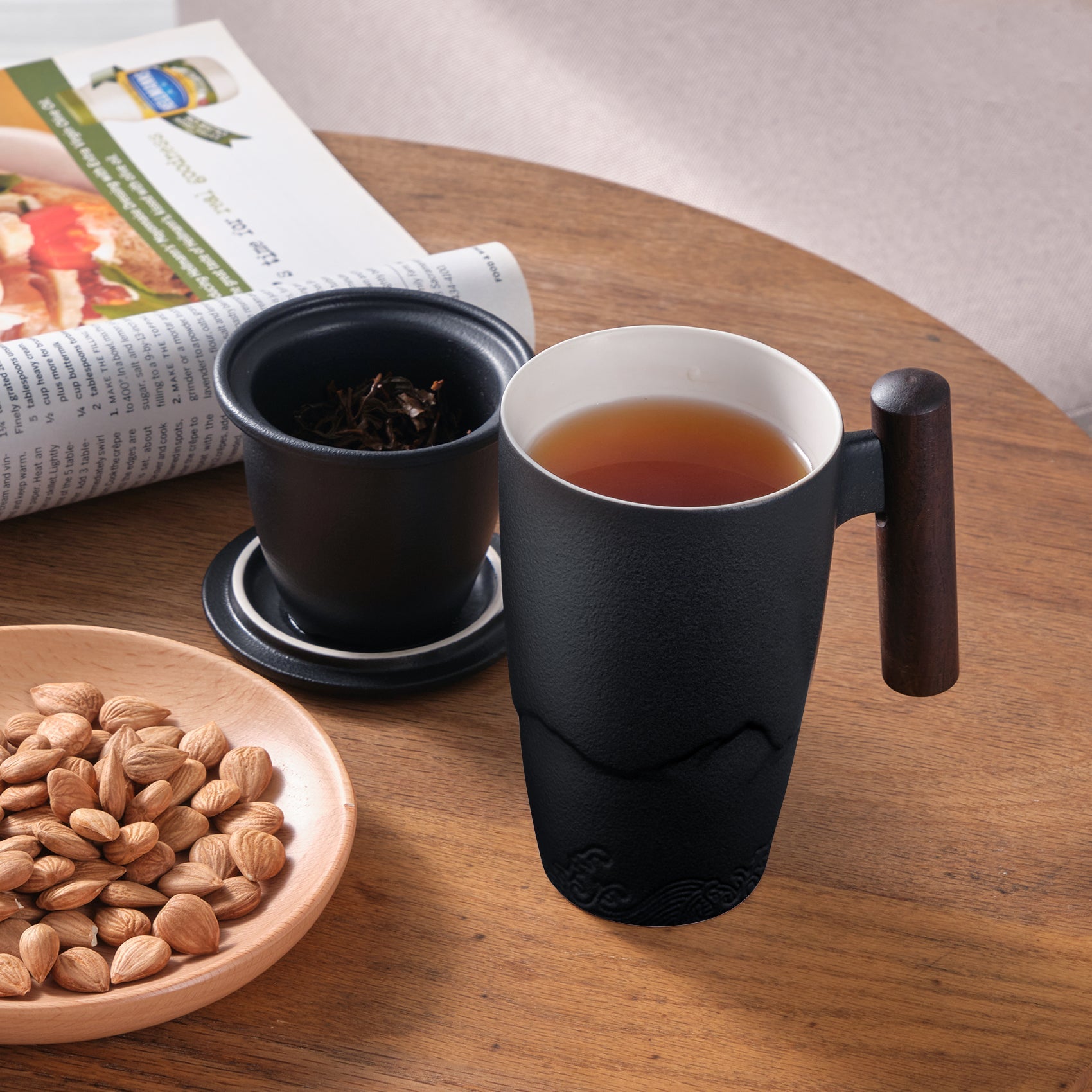 SUMETAS Ceramic Tea Cup with Infuser and Lid Tea Mugs Wooden Handle 13.5oz (Black)