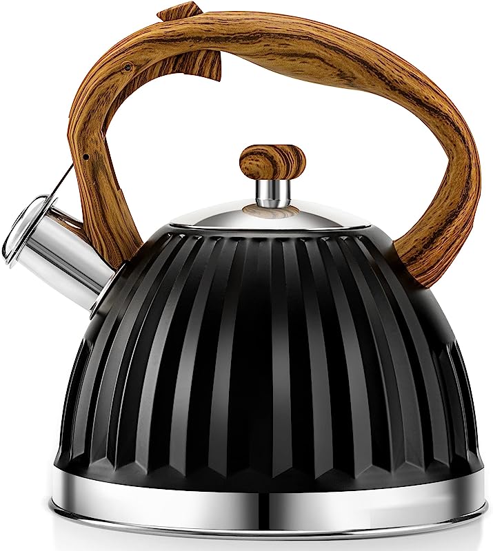 Tea Kettle -2.8QT Whistling Kettle Stovetop - Stainless Steel Teapot for Stove Top with Heat Proof Ergonomic Handle, 1 Free Silicone Mat Included (Black)