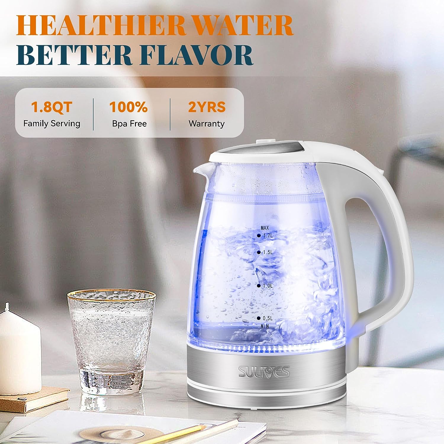 Double Wall Electric Kettle, 1.7L Capacity, 1200W, Auto Shut-Off, Borosilicate Glass