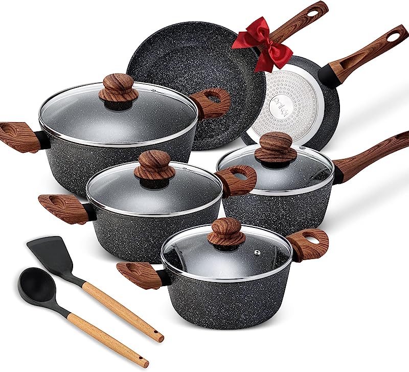 SUMETAS 12-Piece Non-Stick Induction Cookware Set with Granite Finish, Dishwasher Safe