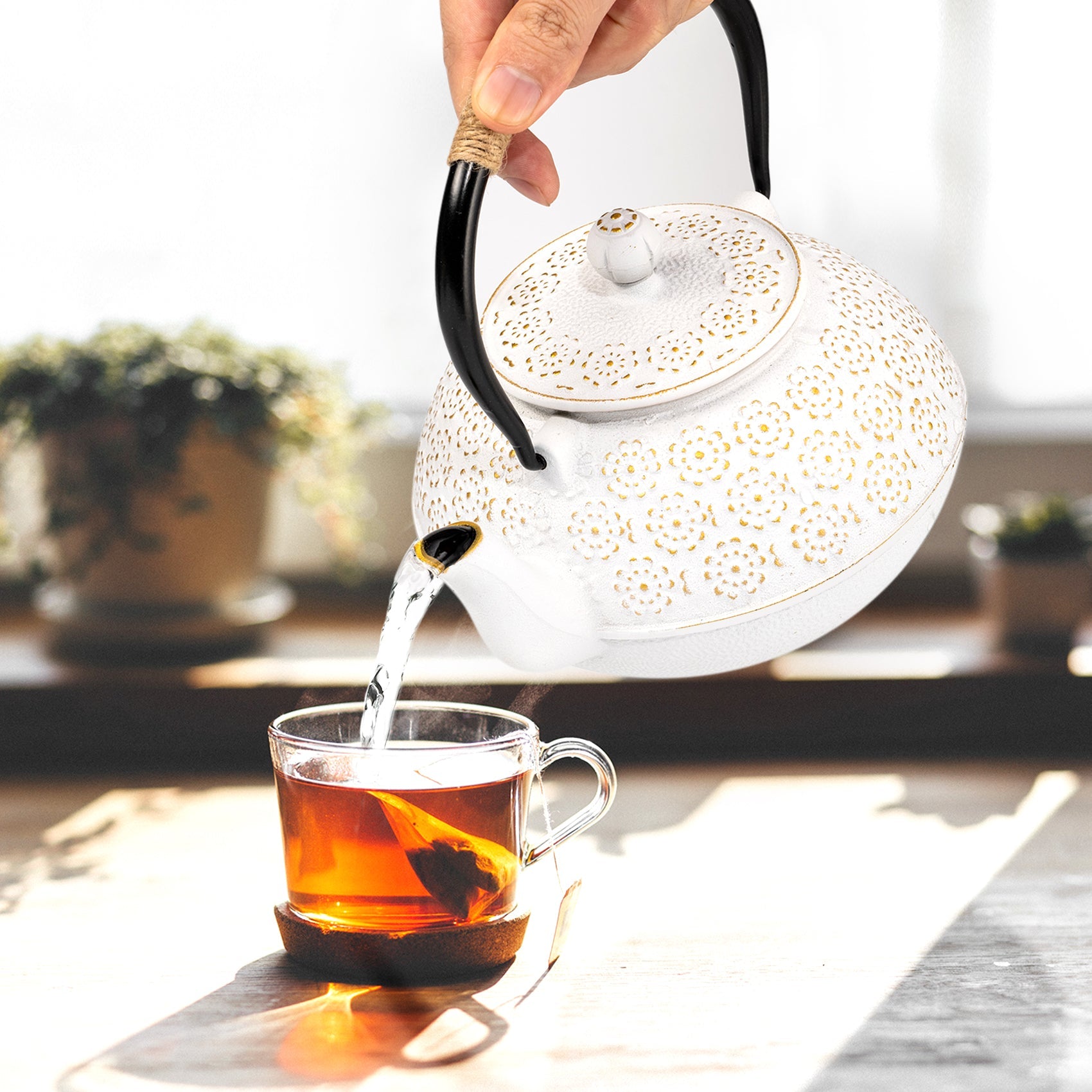 Cast Iron Teapot Tetsubin Japanese Tea Kettle (1200ML, White)