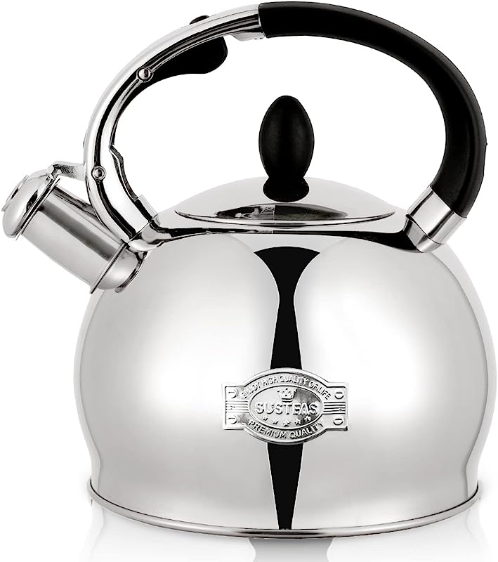 SUMETAS Stove Top Whistling Tea Kettle Stainless Steel Teakettle with Cool Touch Ergonomic Handle,1 Free Silicone Pinch Mitt Included,2.64 Quart(SILVER)