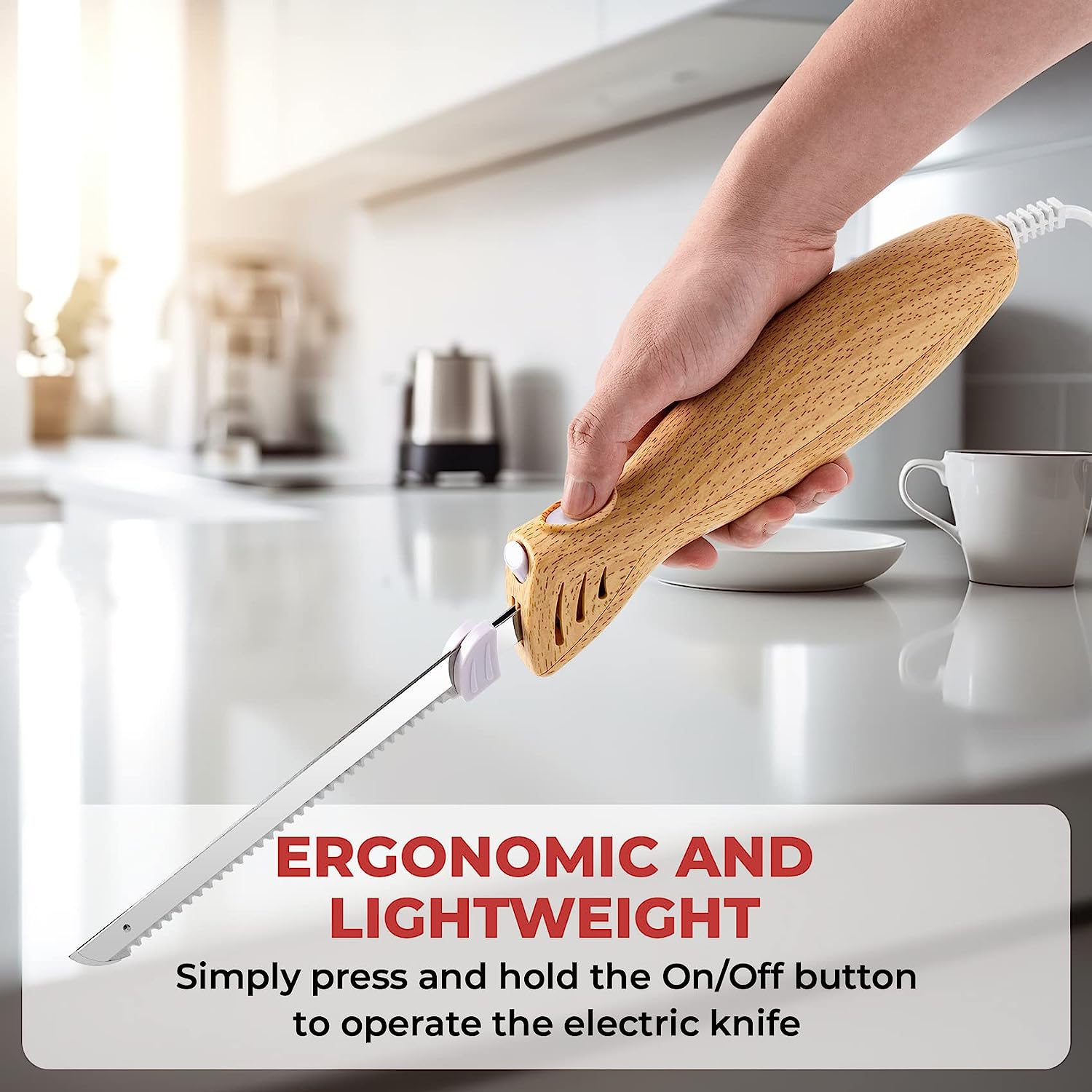 Electric Knife with Serrated Blades for Meat, Bread, Poultry, and Fillet - Ergonomic Handle + 2 Raw/Cooked Food Blades