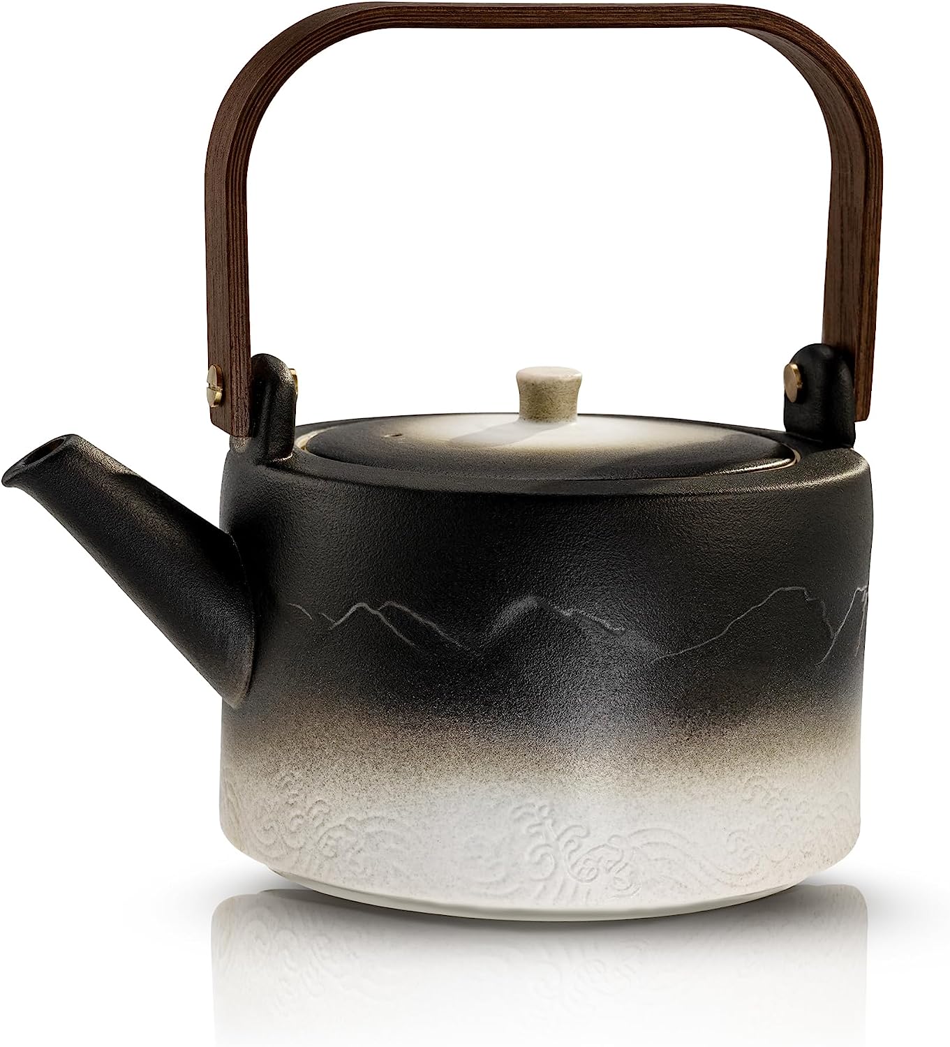 Ceramic Teapot with Removable Infuser, Bamboo Handle - 25.3oz, Black and White Design