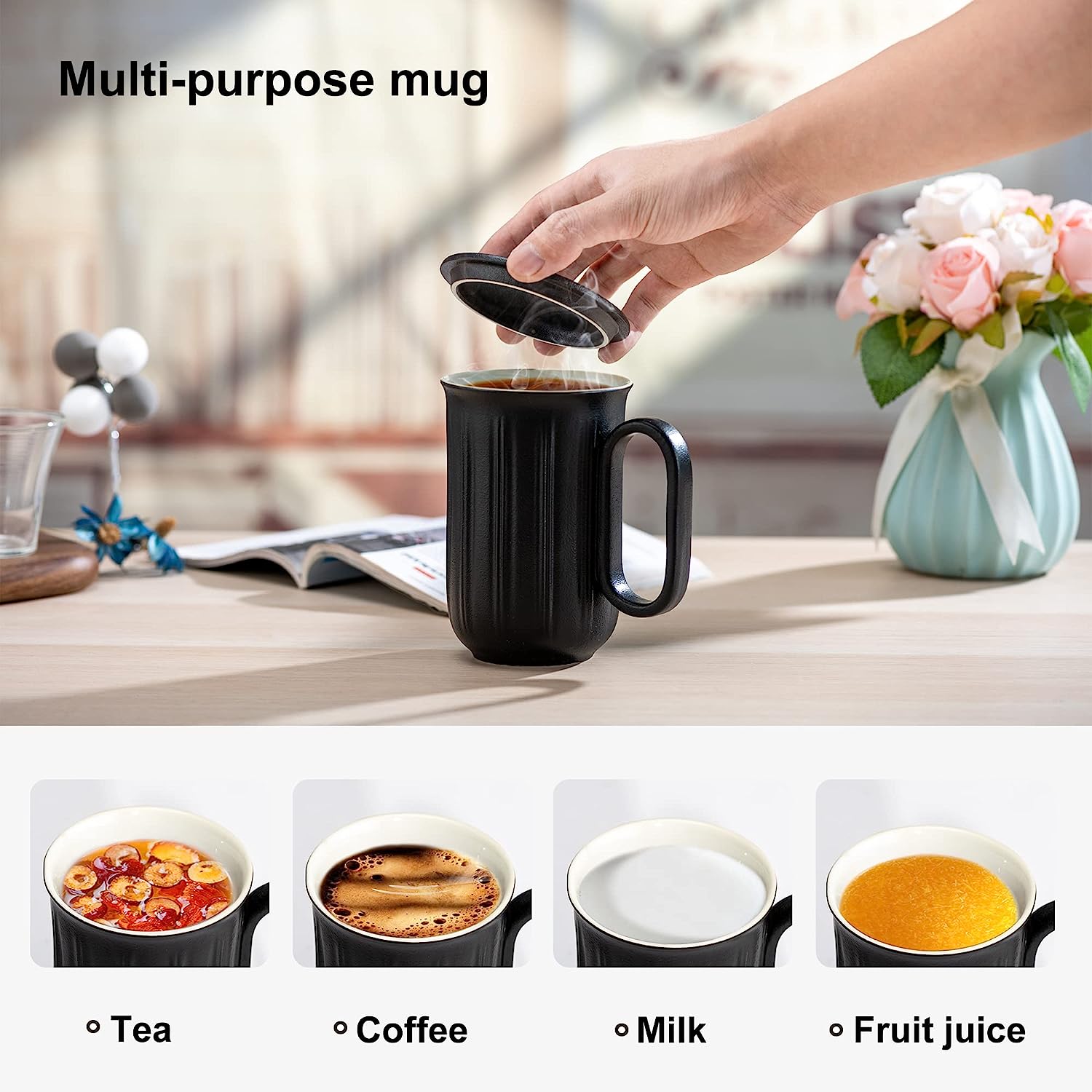 SUMETAS Ceramic Mug With Lid 18 Oz Large Coffee Cup Dishwasher Safe Gift - Black/White