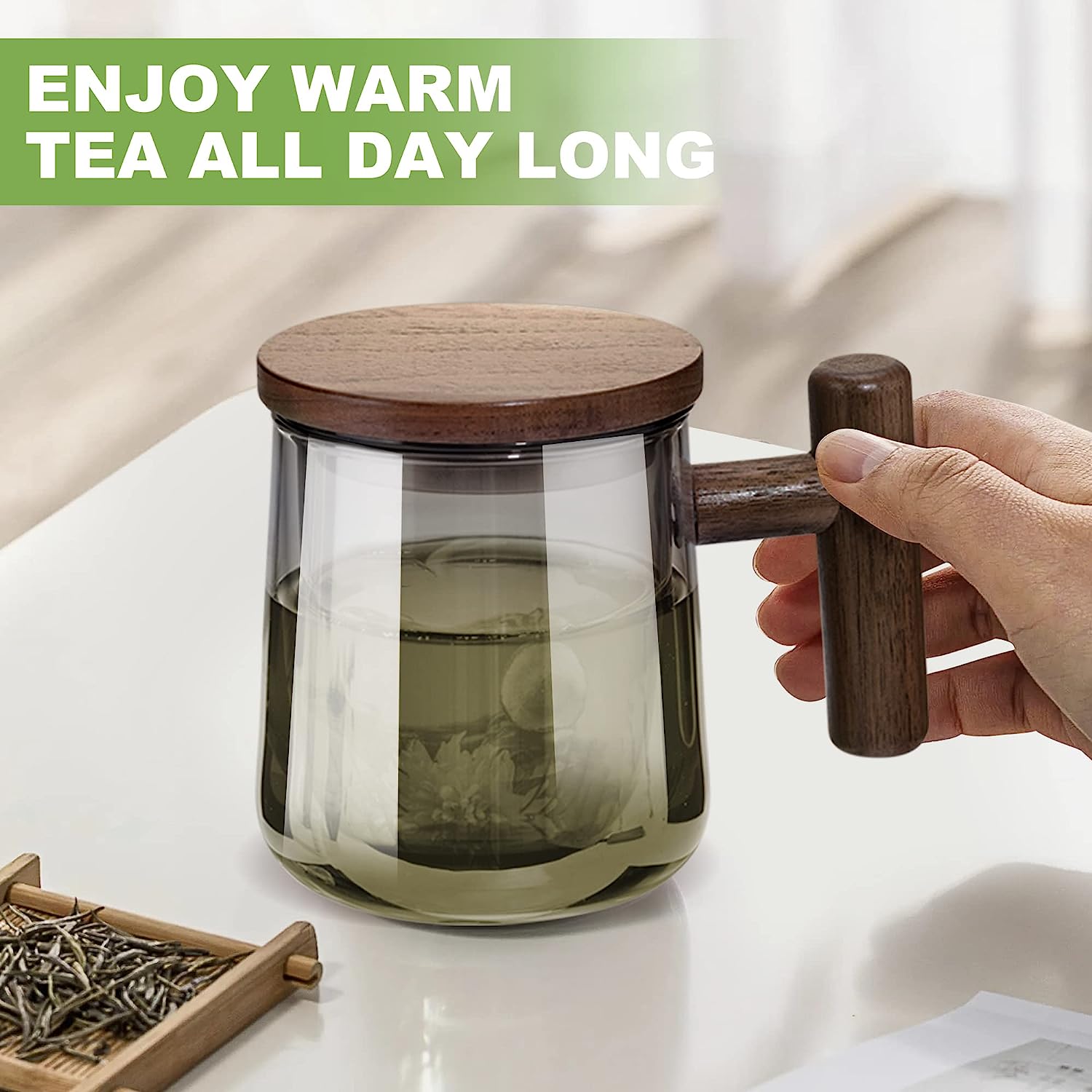 Gray Glass Tea Cup with Infuser and Lid - 13.5oz Capacity, Wooden Handle - Perfect for Home, Office, and Gifting