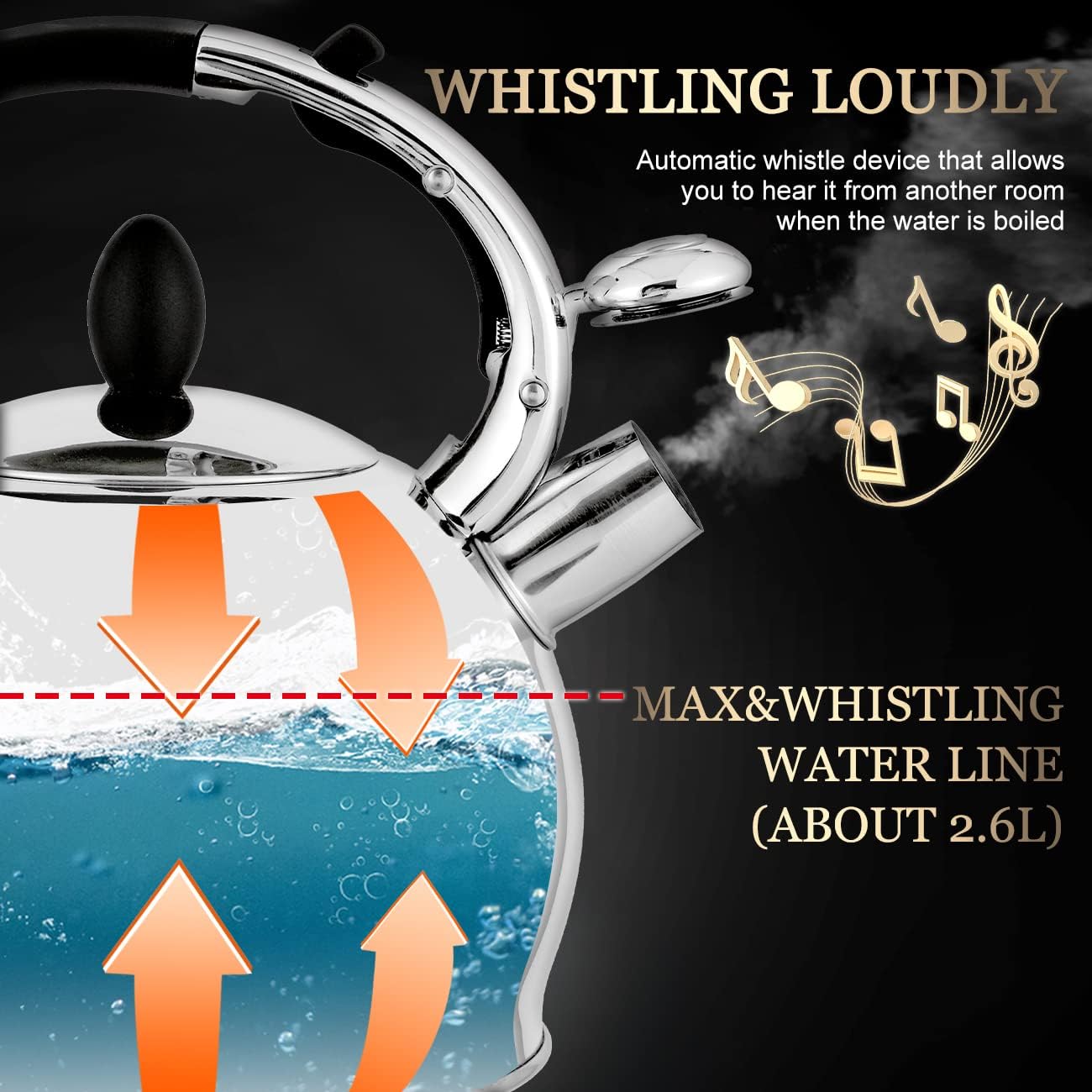 SUMETAS Stove Top Whistling Tea Kettle Stainless Steel Teakettle with Cool Touch Ergonomic Handle,1 Free Silicone Pinch Mitt Included,2.64 Quart(SILVER)