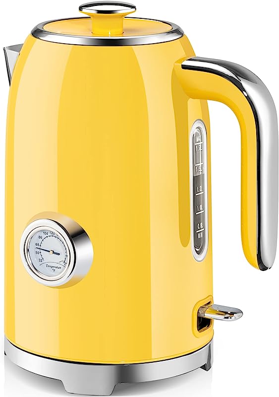 SUMETAS Retro Yellow Electric Kettle with Thermometer and Safety Features, 1500W Fast Heating