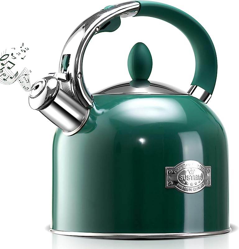 Tea Kettle - SUMETAS 3.17QT Whistling Kettle with Ergonomic Handle - Chic Vintage Teapot with Composite Base, Work for All Stovetops (Green)