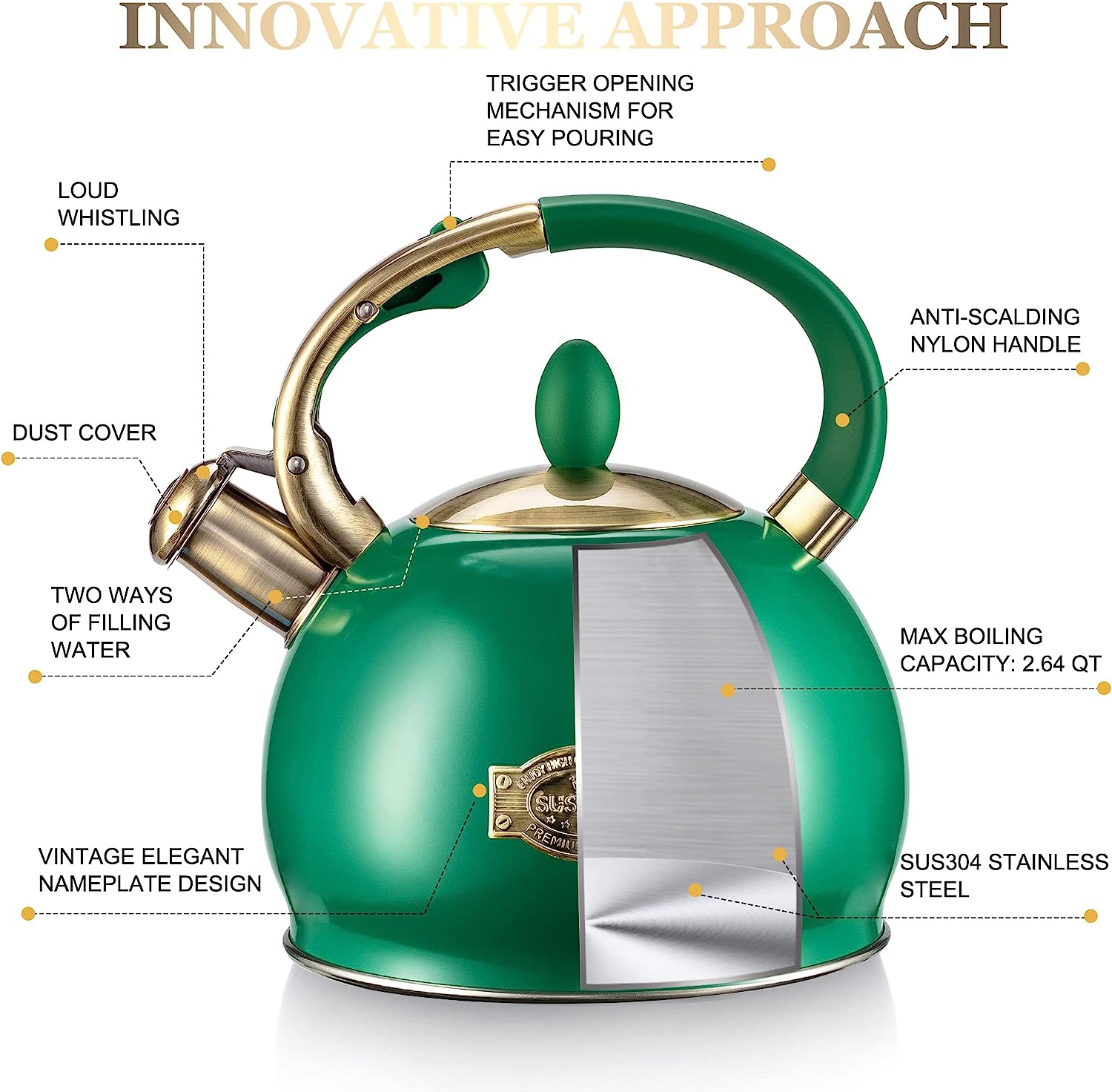 SUMETAS Whistling Tea Kettle - Surgical Stainless Steel, Cool Touch Handle, 2.64 Quart (Green)