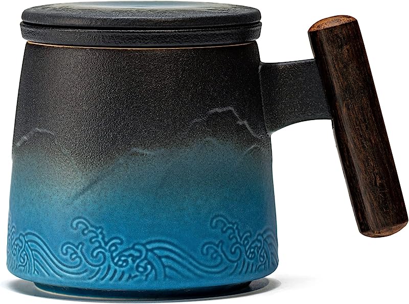 Gradient Black & White Ceramic Tea Cup with Infuser, Lid, and Wooden Handle - 400ml (Blue)