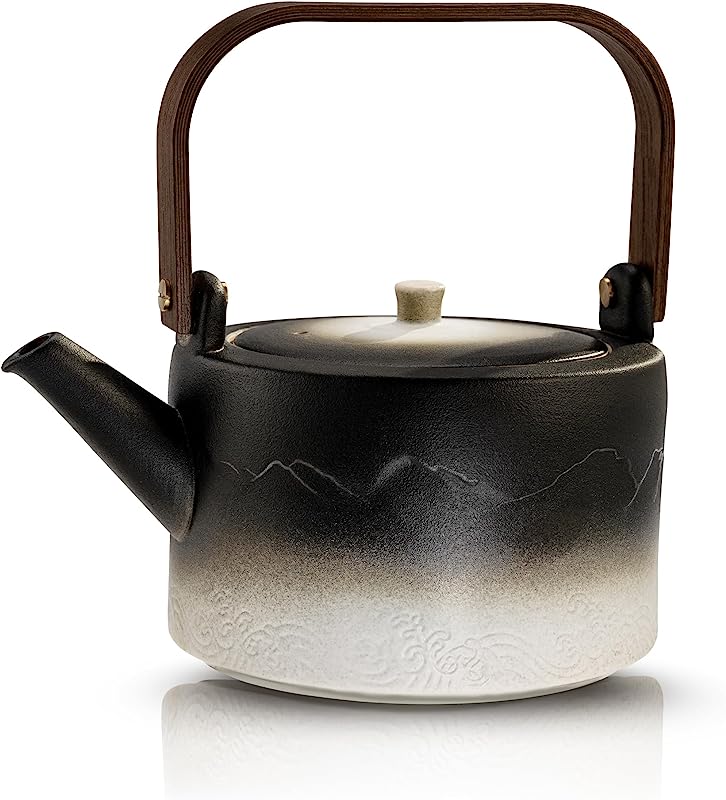 Ceramic Teapot with Removable Infuser, Bamboo Handle - 25.3oz, Black and White Design