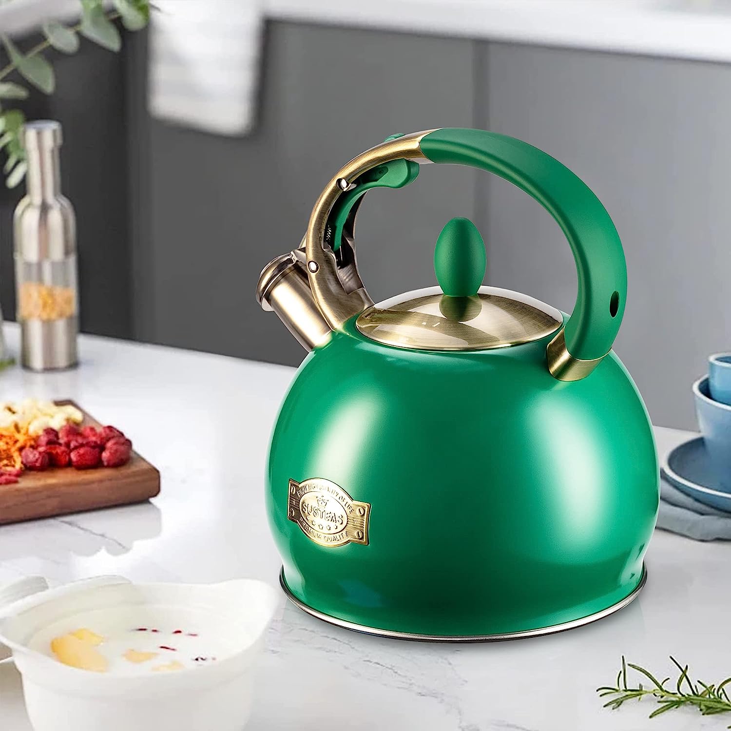 SUMETAS Whistling Tea Kettle - Surgical Stainless Steel, Cool Touch Handle, 2.64 Quart (Green)