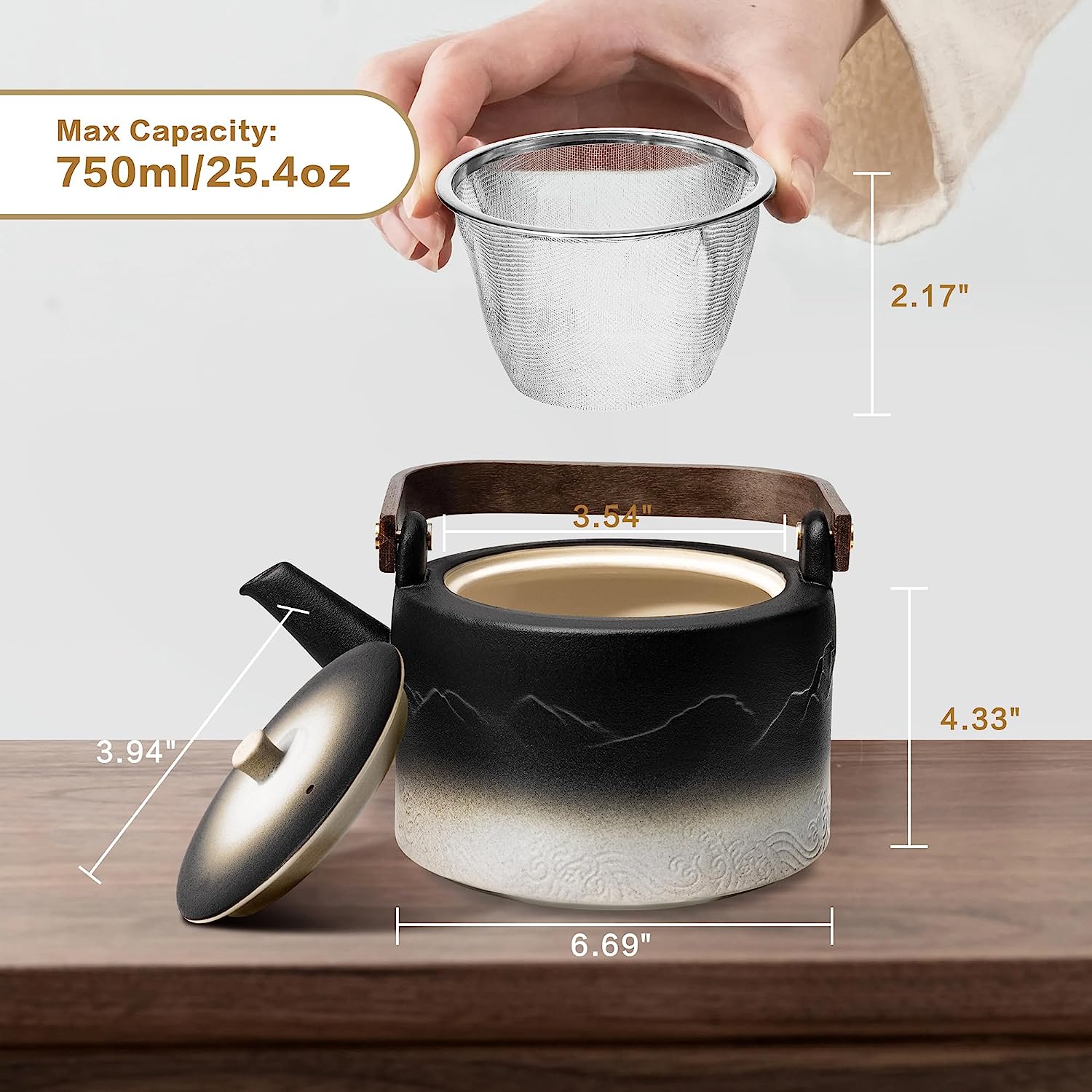 Ceramic Teapot with Removable Infuser, Bamboo Handle - 25.3oz, Black and White Design