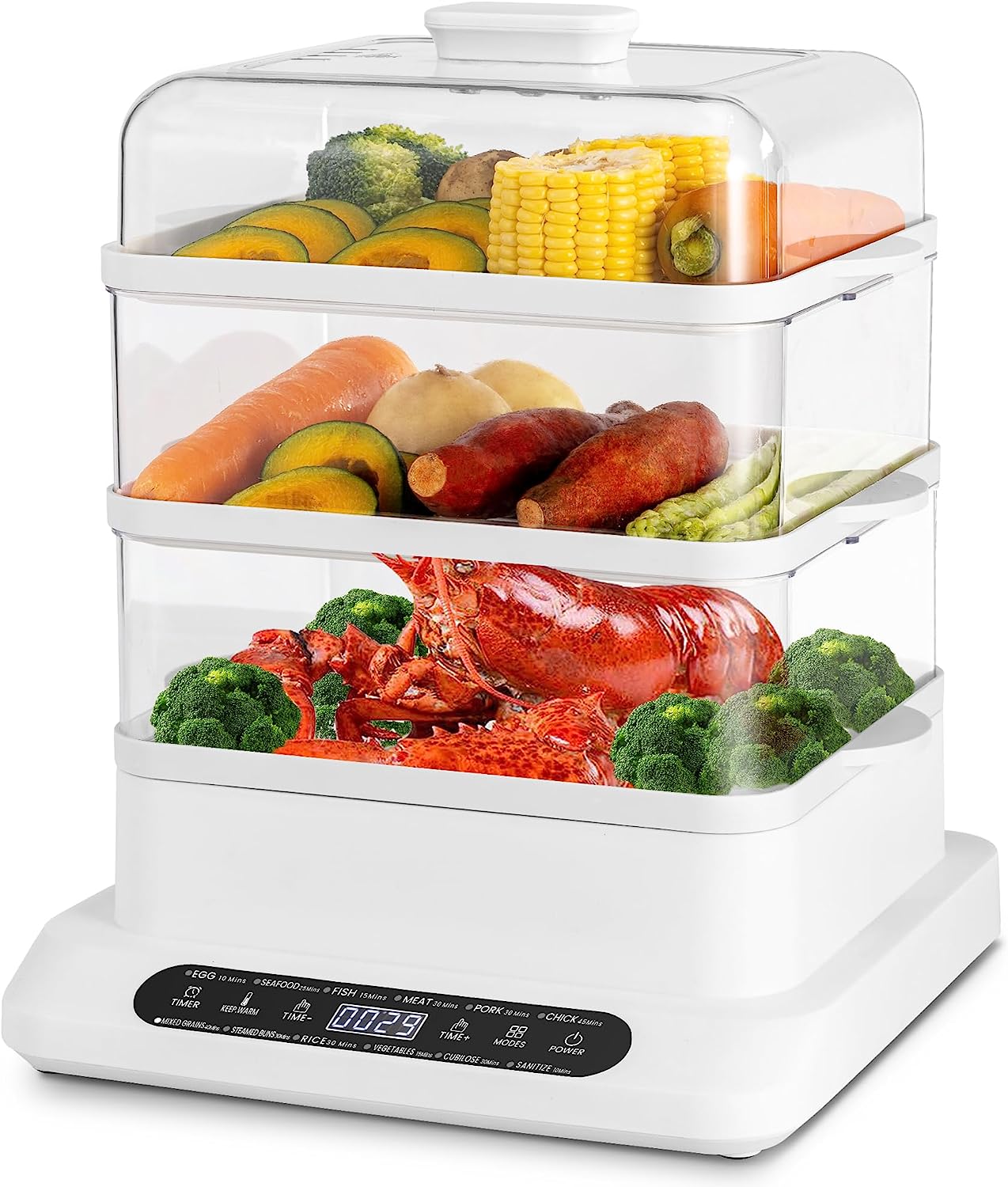 16QT Electric Food Steamer - 3 Tiers, Digital Timer, Multifunctional Steamer (800W)